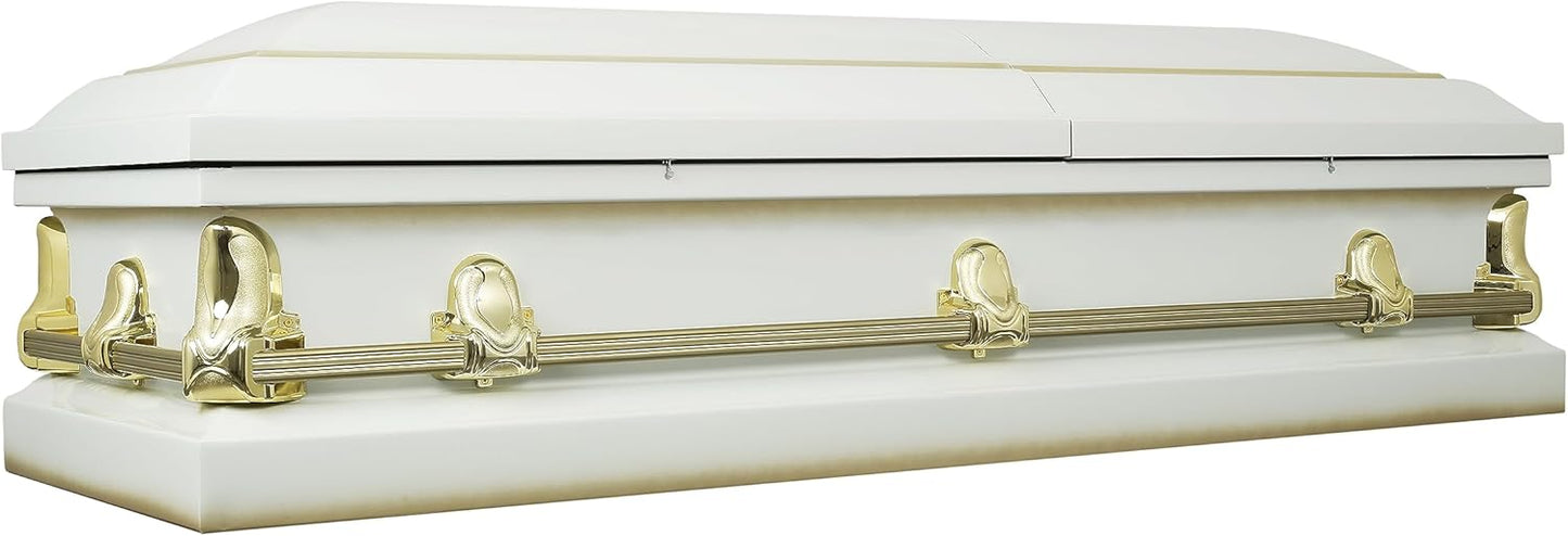 Overnight Caskets Spartan Collection Funeral Casket White with White Interior - 20 Gauge Steel - Fully Appointed Adult Casket - Coffin Featuring a Crepe Interior Lining with Pillow and Throw Set