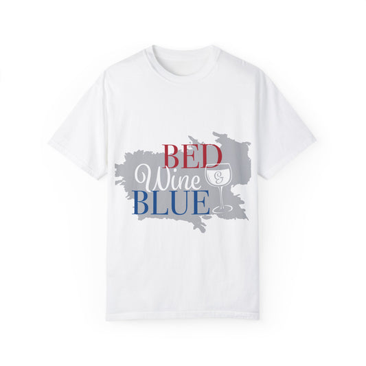 Unisex Garment-Dyed T-Shirt - 'Bed, Wine & Blue' Design - Perfect for Relaxation & Celebrations