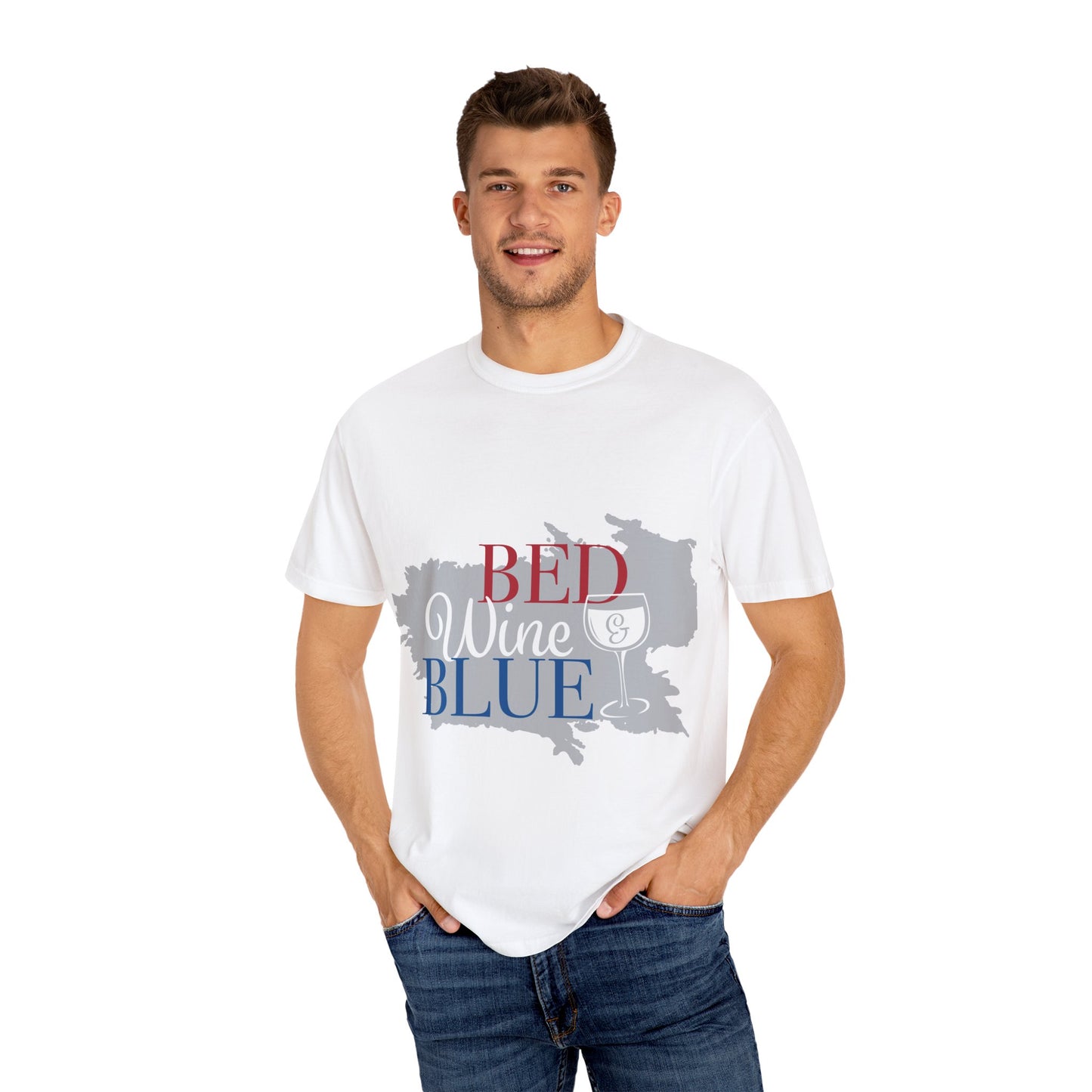 Unisex Garment-Dyed T-Shirt - 'Bed, Wine & Blue' Design - Perfect for Relaxation & Celebrations