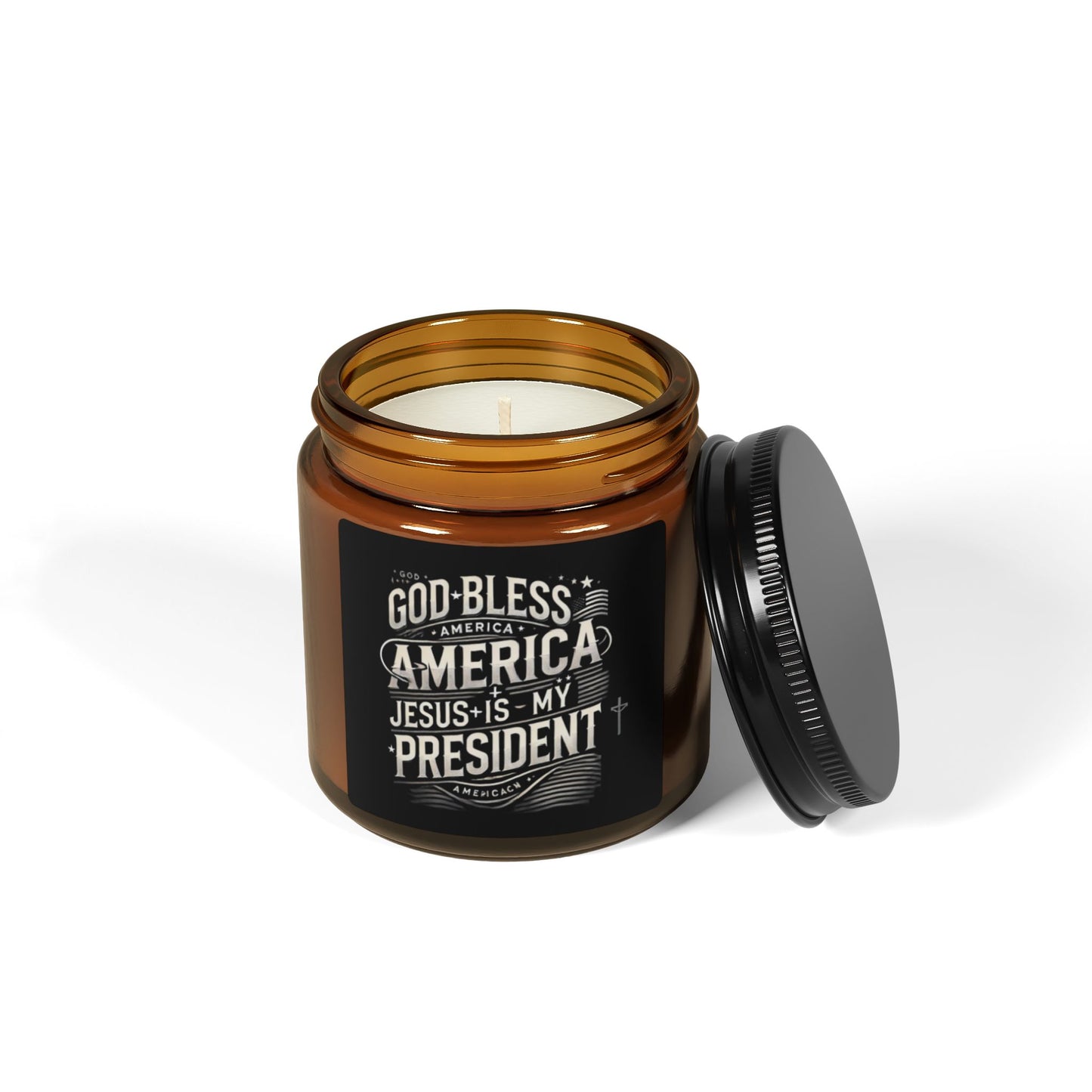 Inspirational Scented Soy Candle – "God Bless America, Jesus is My President" – Multi-Size Amber Jar