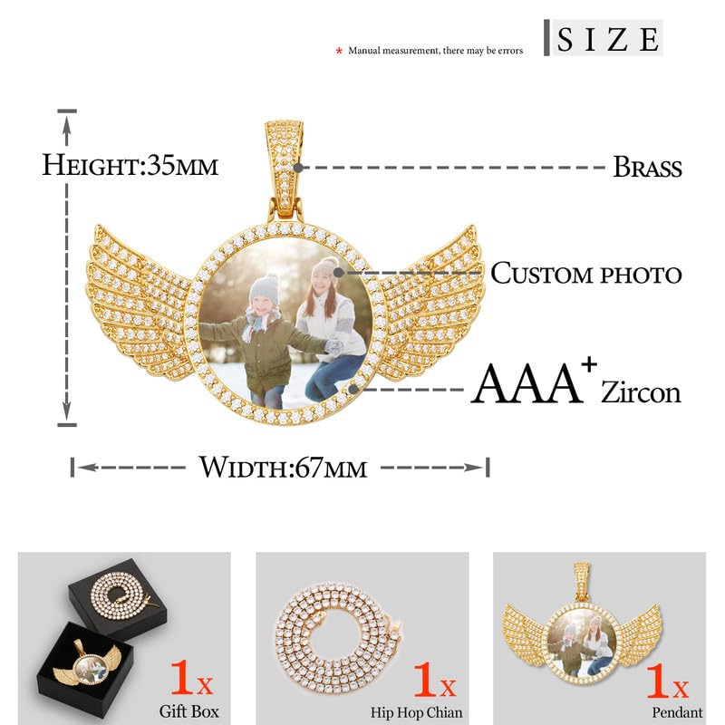 YIMERAIRE Personalized Picture Pendant Necklace Blank Picture Pendant Charm Iced Out Round Angel Wings Pendant with Rope Chain for Women and Men