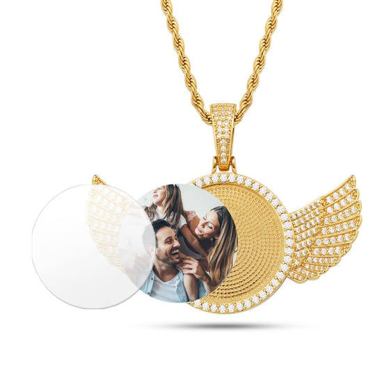 YIMERAIRE Personalized Picture Pendant Necklace Blank Picture Pendant Charm Iced Out Round Angel Wings Pendant with Rope Chain for Women and Men