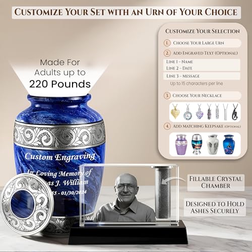 More Than an Urn – A Family Tribute Set of Custom 3D Crystal Photo Urn & Your Choice of Personalized Adult Cremation Urn For Human Ashes | Personalize The Set That Reflects Who They Truly Were -Medium