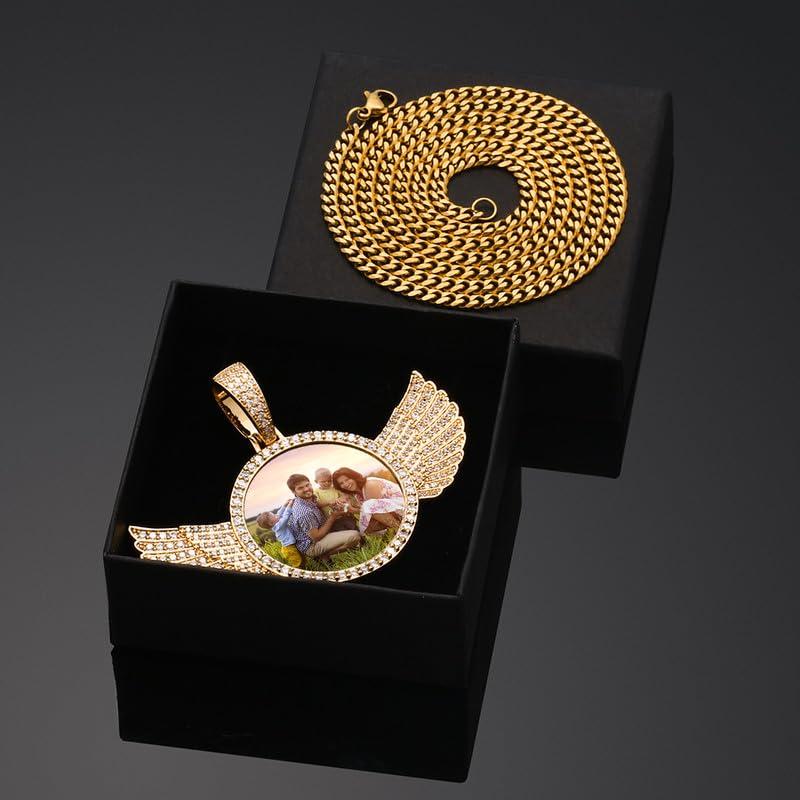 YIMERAIRE Personalized Picture Pendant Necklace Blank Picture Pendant Charm Iced Out Round Angel Wings Pendant with Rope Chain for Women and Men