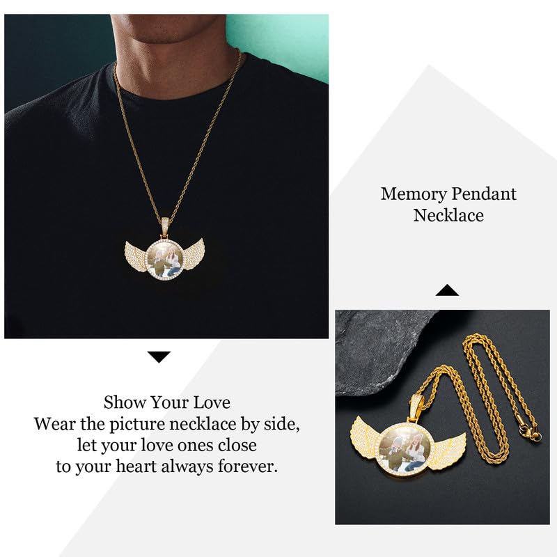 YIMERAIRE Personalized Picture Pendant Necklace Blank Picture Pendant Charm Iced Out Round Angel Wings Pendant with Rope Chain for Women and Men