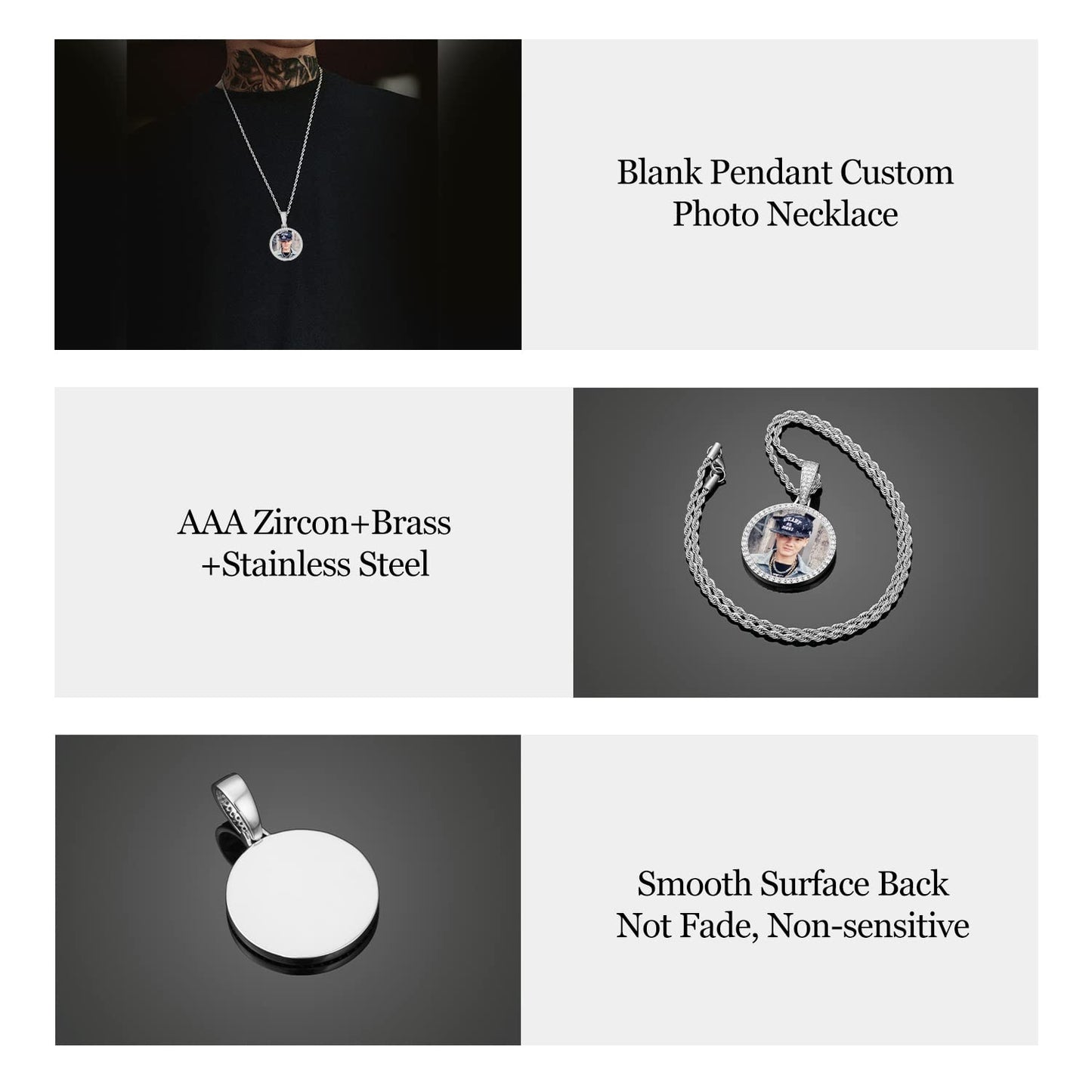 YIMERAIRE Personalized Picture Pendant Necklace Blank Picture Pendant Charm Iced Out Round Angel Wings Pendant with Rope Chain for Women and Men