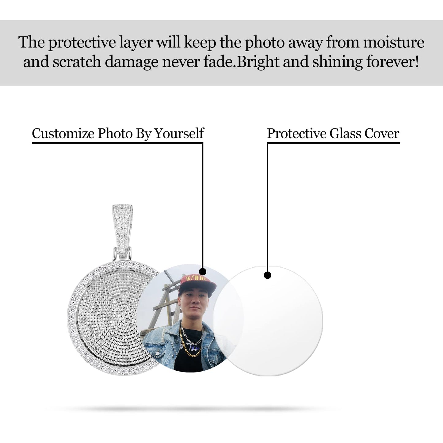YIMERAIRE Personalized Picture Pendant Necklace Blank Picture Pendant Charm Iced Out Round Angel Wings Pendant with Rope Chain for Women and Men