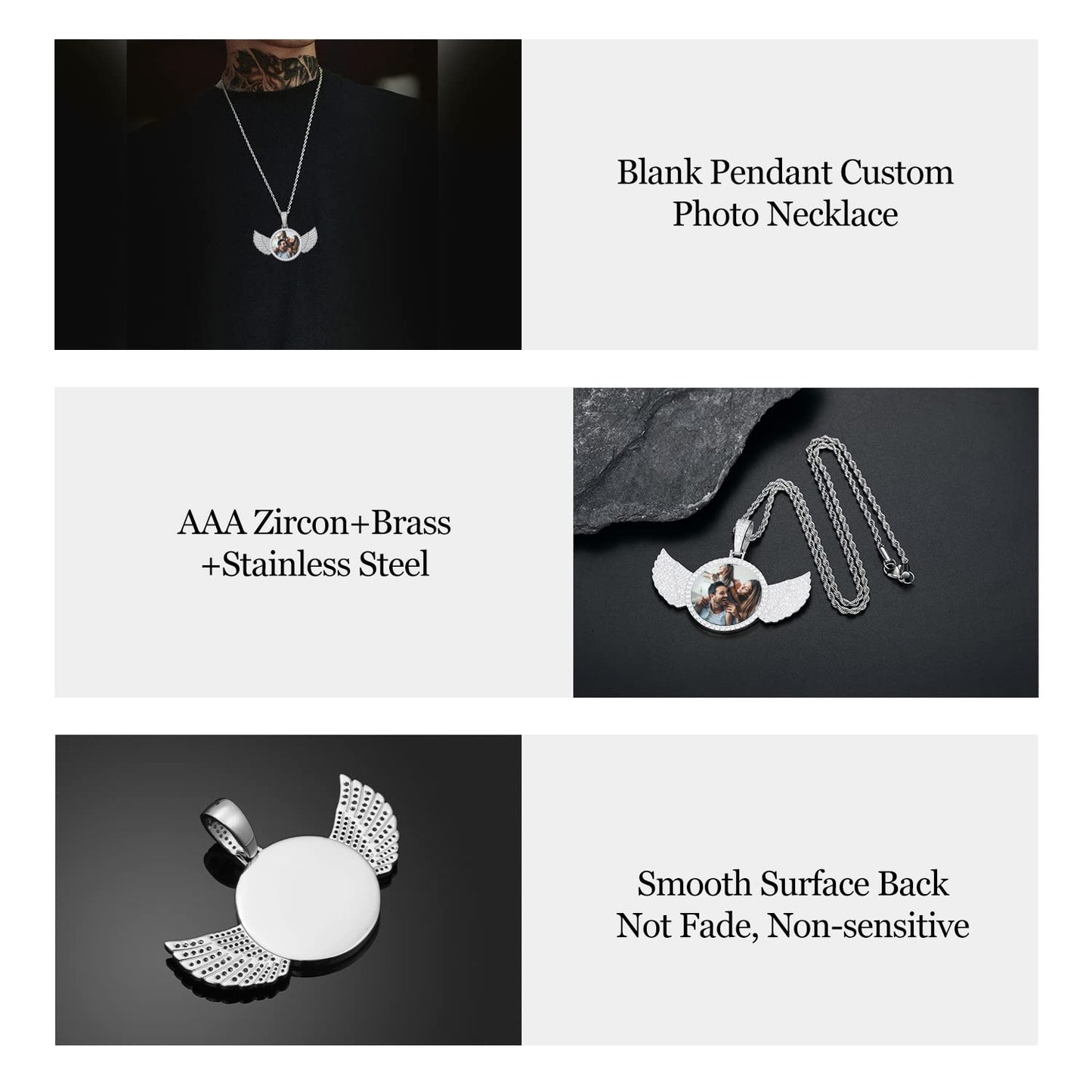 YIMERAIRE Personalized Picture Pendant Necklace Blank Picture Pendant Charm Iced Out Round Angel Wings Pendant with Rope Chain for Women and Men