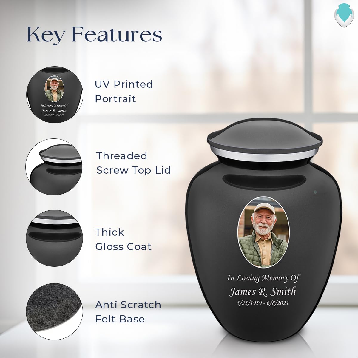 Geturns Embrace Adult Personalized Picture Cremation Urns for Human Ashes I Large Photo Black Funeral Urn for Men and Women I 200 lbs