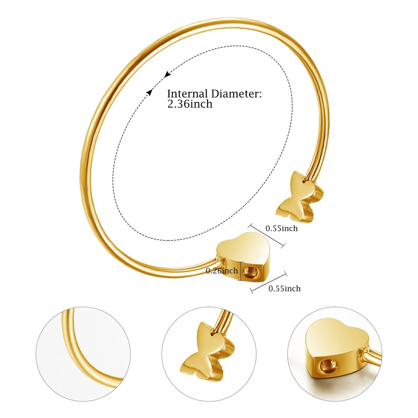 XIUDA Urn Bracelet for Human Ashes Butterfly Heart Ash Bracelet for Women Stainless Steel Openable Cuff Bangle Cremation Bracelet - Always in My Heart