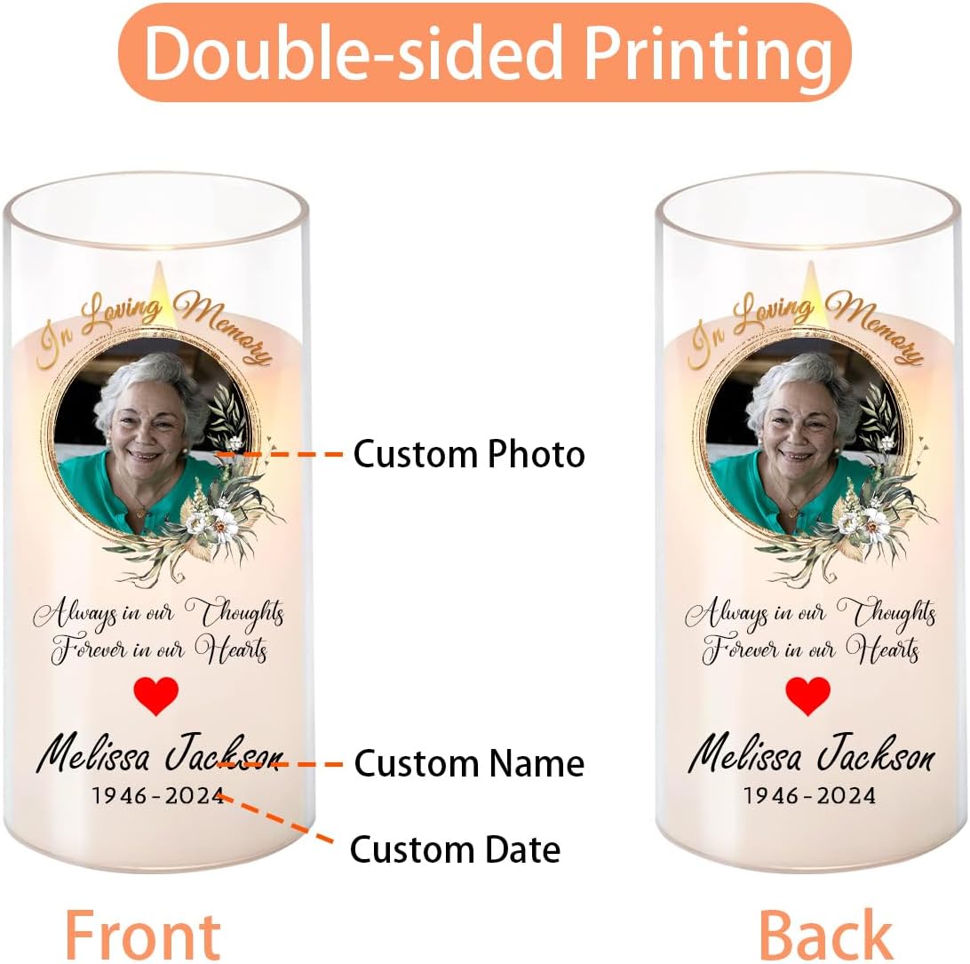 Personalised Photo Memorial Candle, Flameless RIP Candles with Custom Picture Name Date, Battery Operated LED Pillar Candles, In Memory of Loved One Sympathy Remembrance Gift Funeral LED Tea Lights