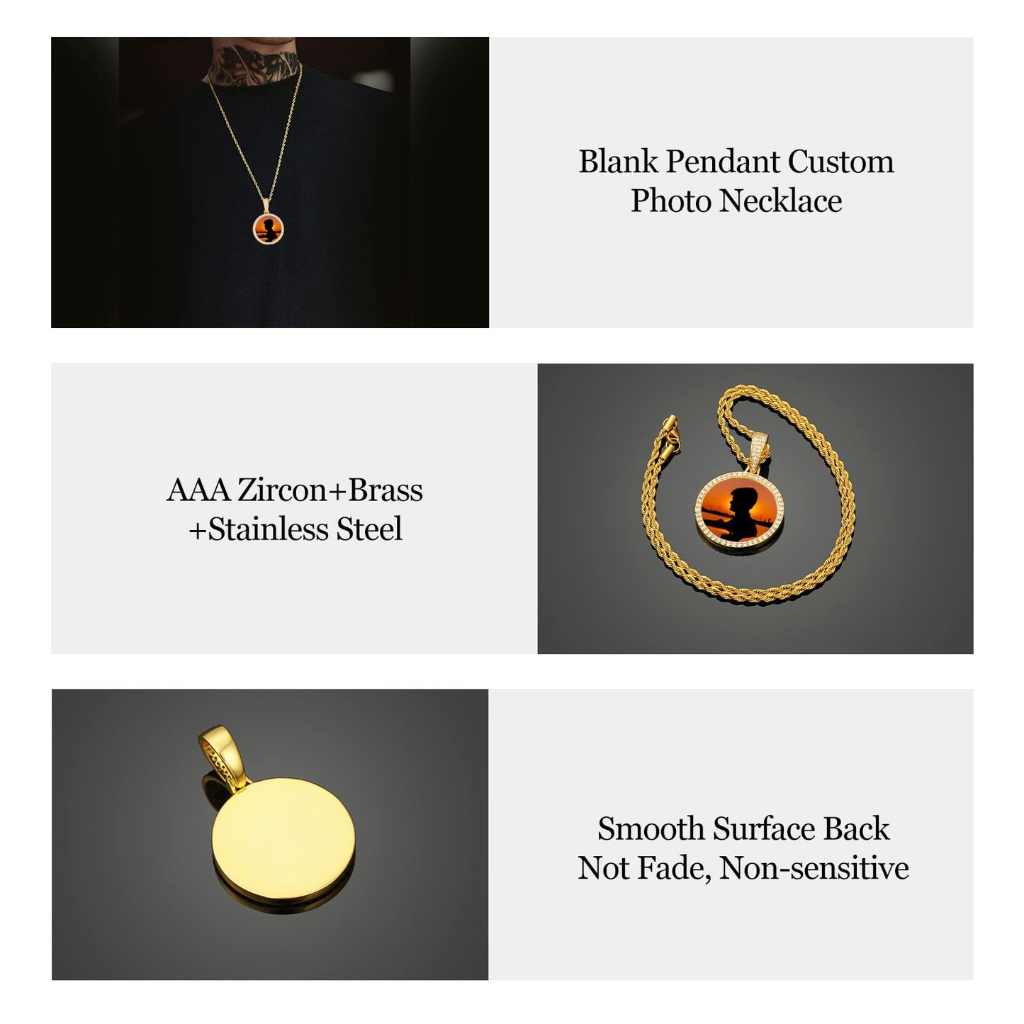 YIMERAIRE Personalized Picture Pendant Necklace Blank Picture Pendant Charm Iced Out Round Angel Wings Pendant with Rope Chain for Women and Men