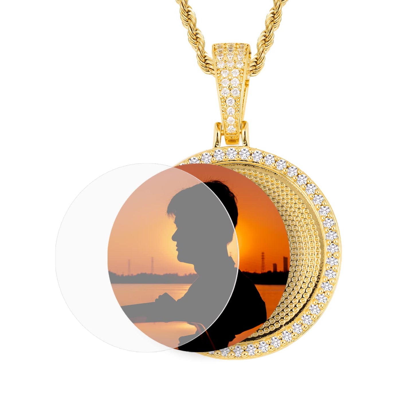 YIMERAIRE Personalized Picture Pendant Necklace Blank Picture Pendant Charm Iced Out Round Angel Wings Pendant with Rope Chain for Women and Men