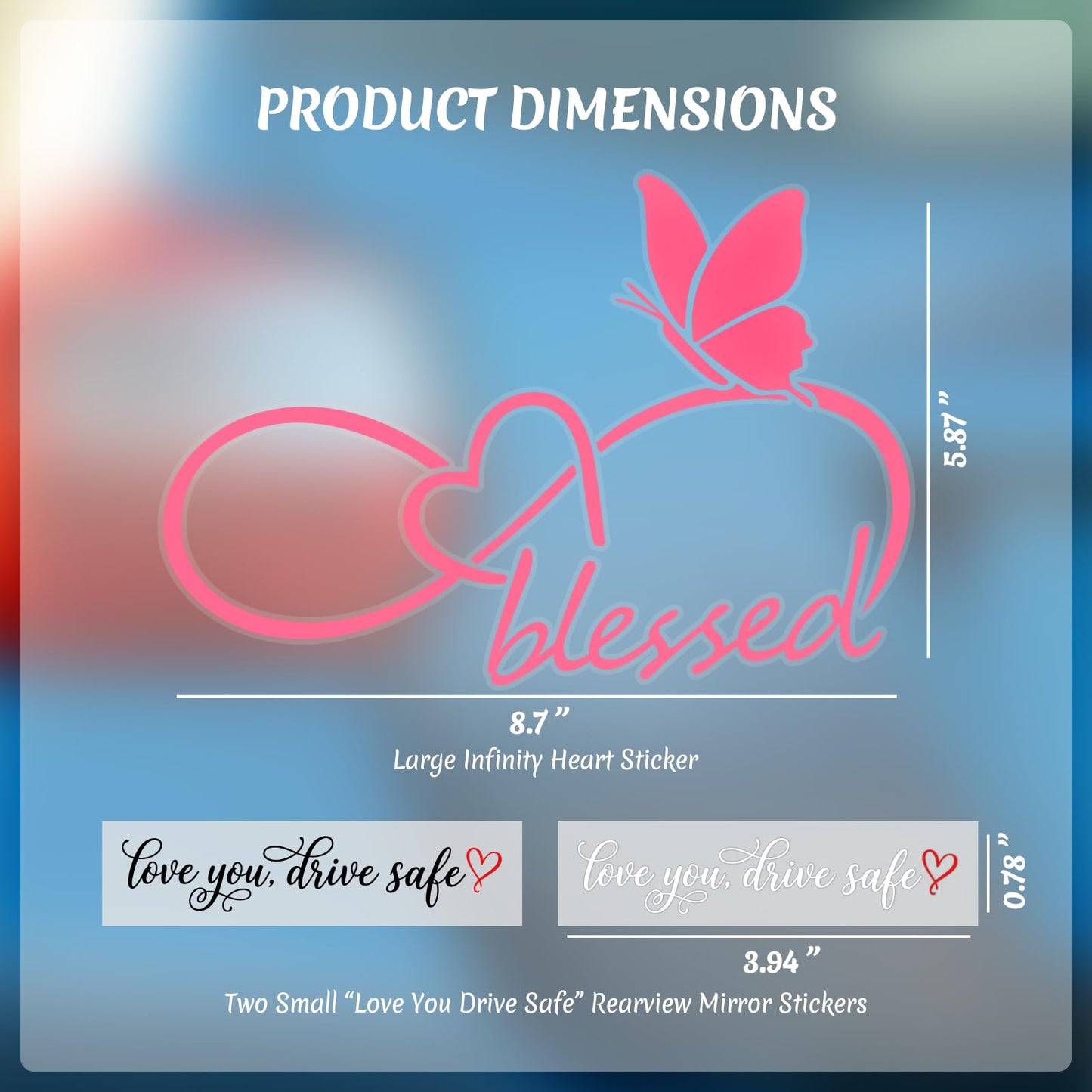 3PCS Car Stickers, Cute Car Accessories,Infinity Heart Love You Drive Safe Rearview Mirror Decals,Waterproof Vinyl Exterior Decoration for New Driver Gift,Women & Family (Pink)