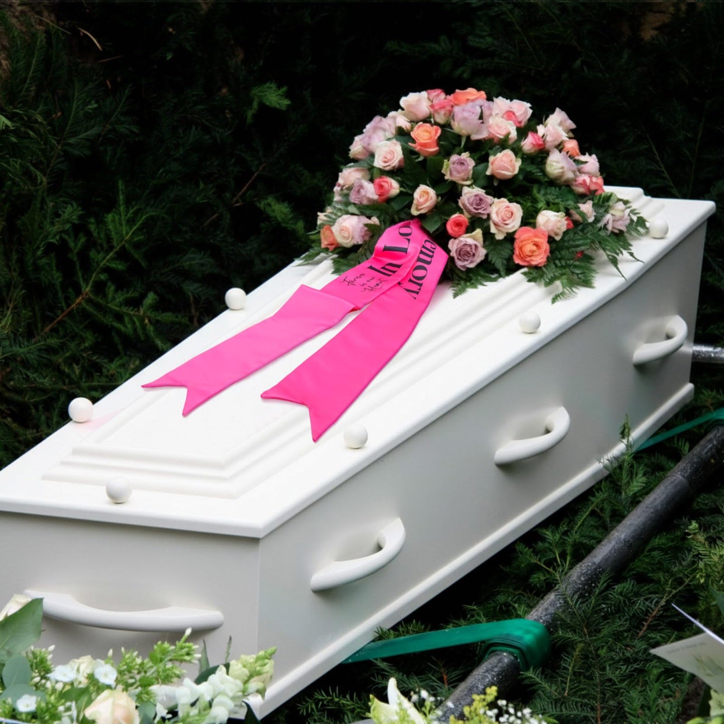 Funeral Sash Memorial Wreath Sash Funeral Ribbon Celebration of Life Ribbon for Casket or Wreath Flowers Memorial Service Honor The Loved Ones Memory 58x4''(White,Forever in Our Hearts)