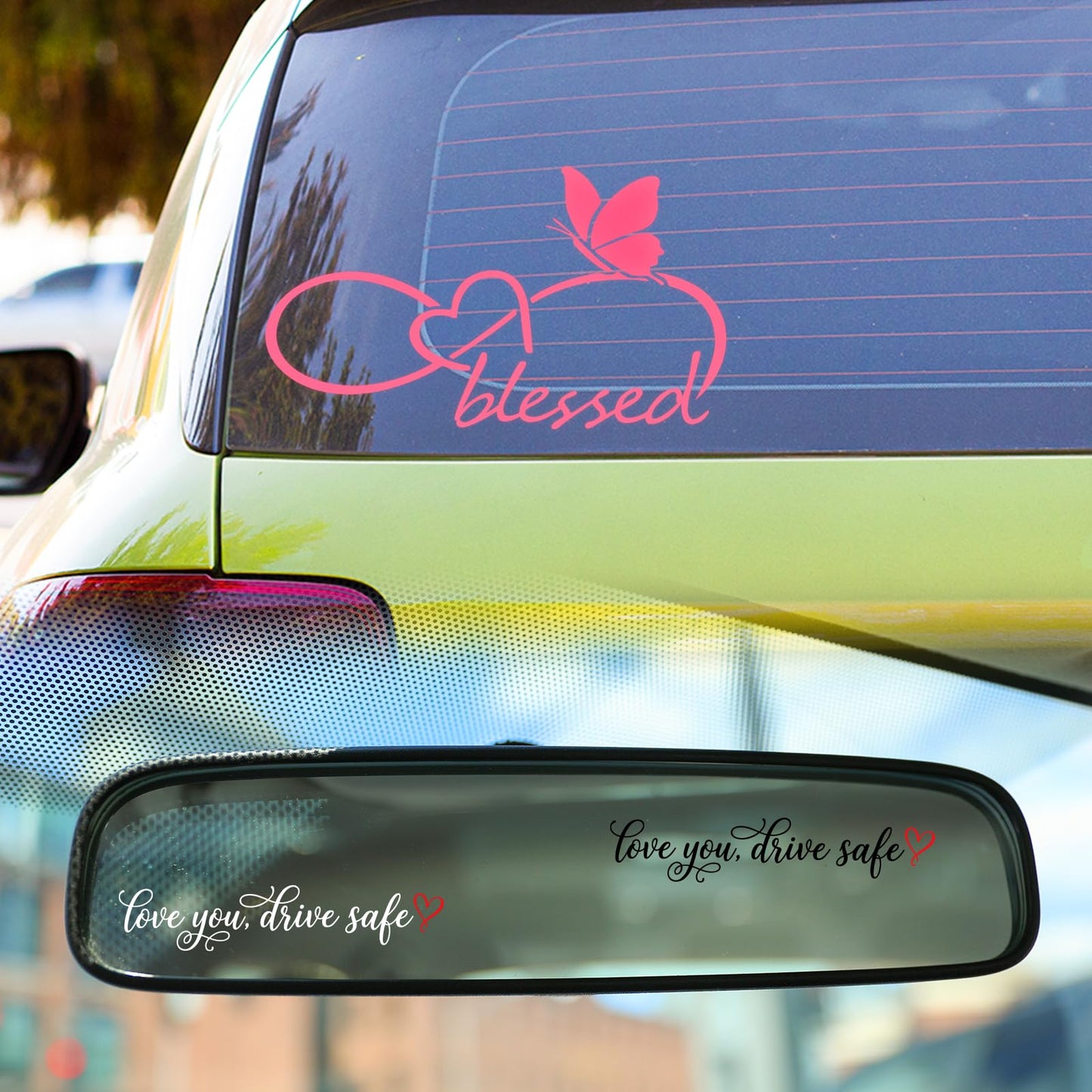 3PCS Car Stickers, Cute Car Accessories,Infinity Heart Love You Drive Safe Rearview Mirror Decals,Waterproof Vinyl Exterior Decoration for New Driver Gift,Women & Family (Pink)