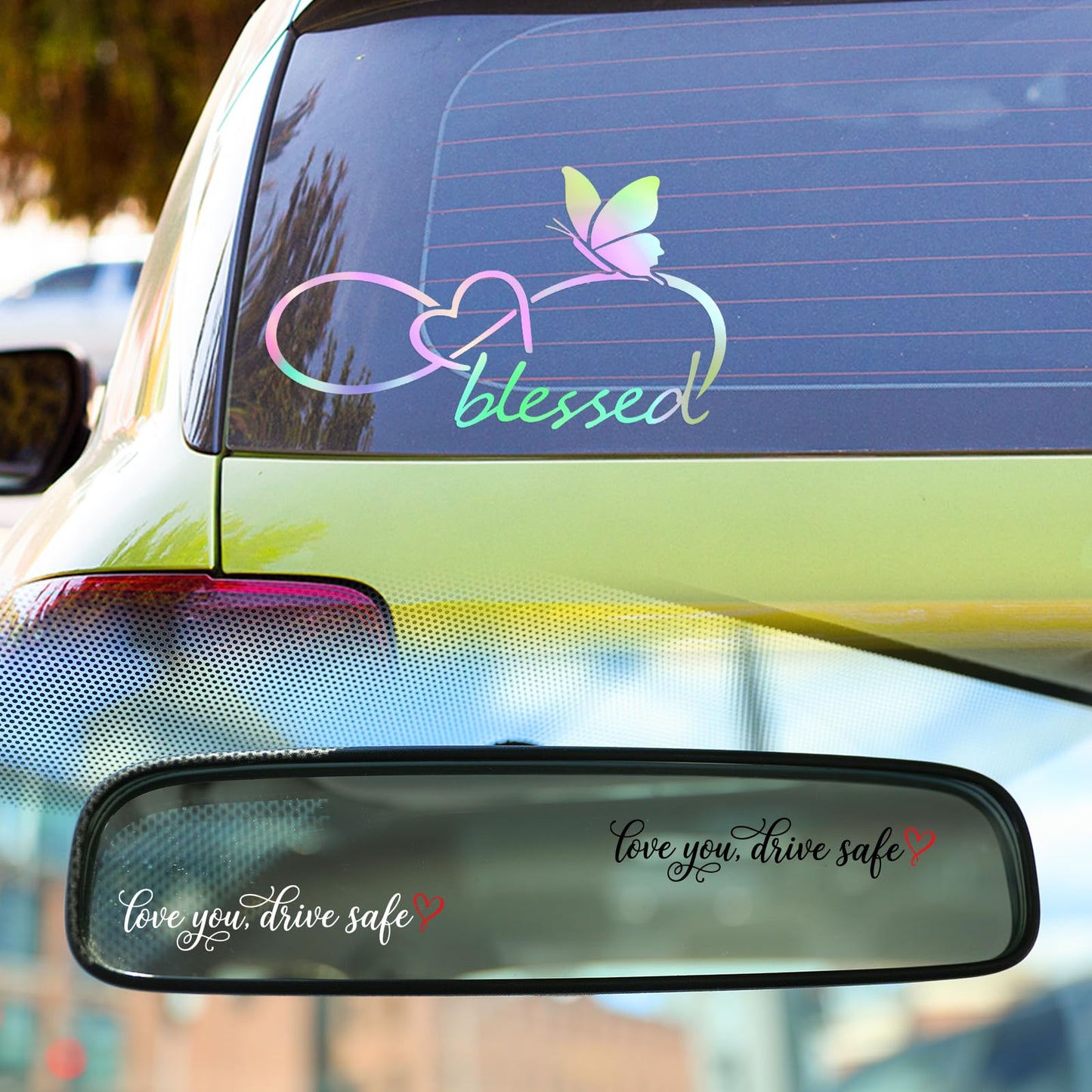 3PCS Car Stickers, Cute Car Accessories,Infinity Heart Love You Drive Safe Rearview Mirror Decals,Waterproof Vinyl Exterior Decoration for New Driver Gift,Women & Family (Pink)