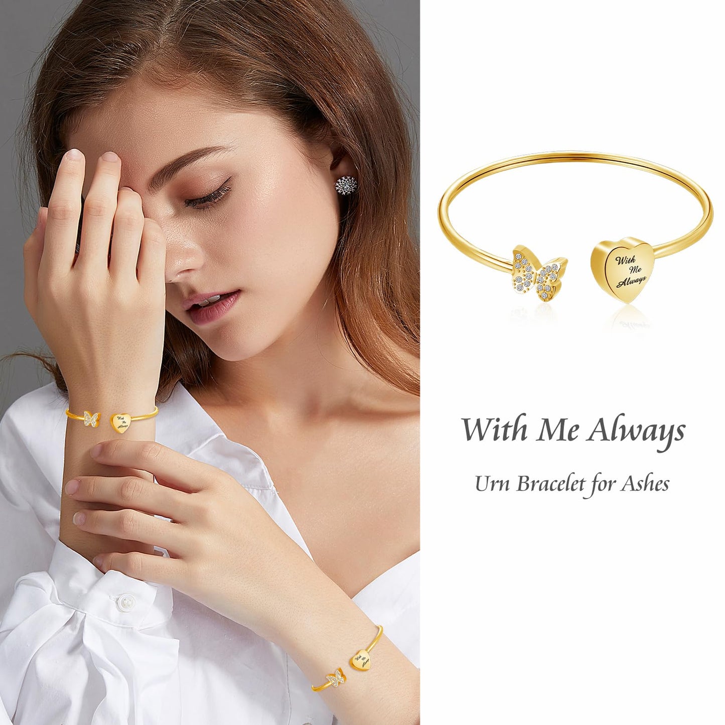XIUDA Urn Bracelet for Human Ashes Butterfly Heart Ash Bracelet for Women Stainless Steel Openable Cuff Bangle Cremation Bracelet - Always in My Heart