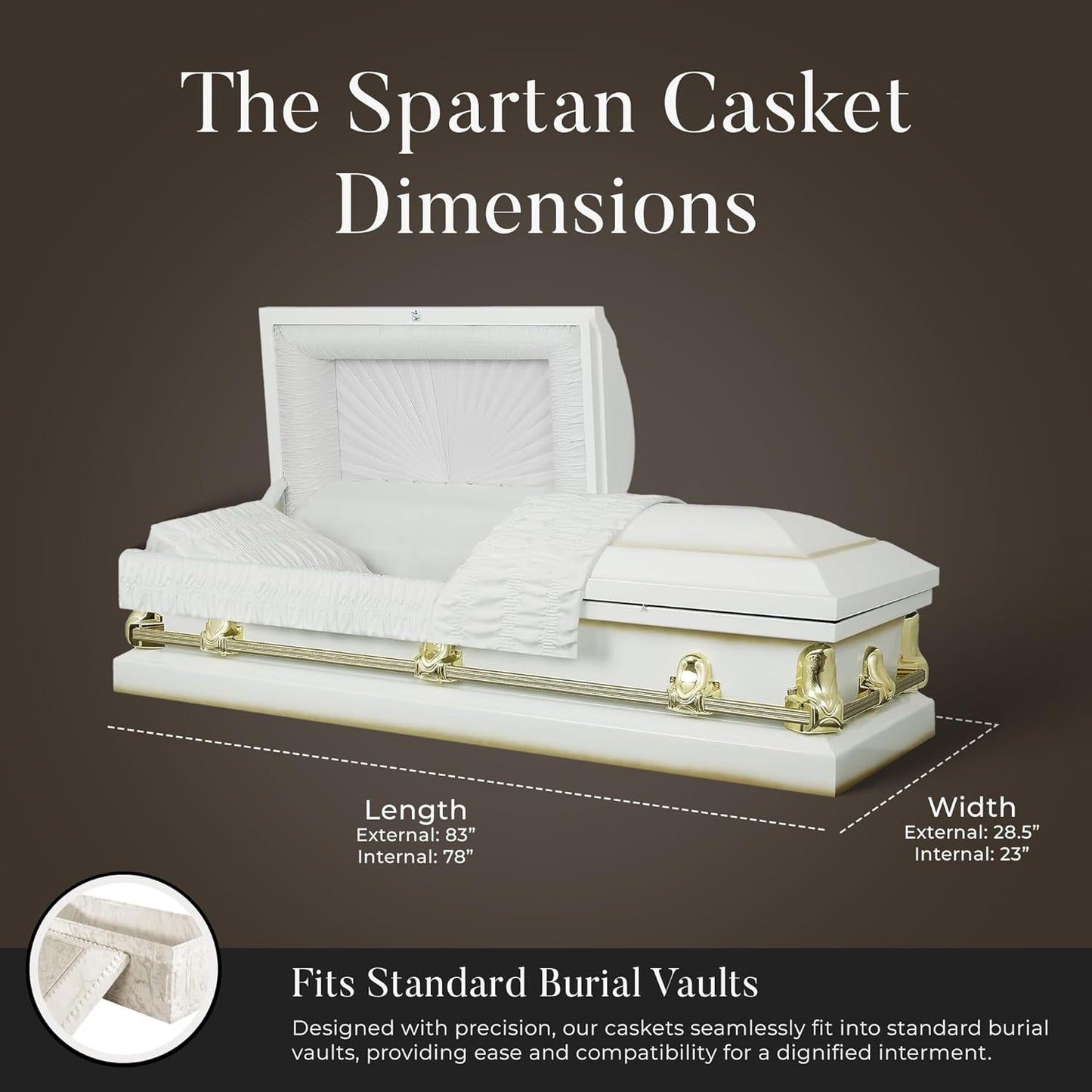 Overnight Caskets Spartan Collection Funeral Casket White with White Interior - 20 Gauge Steel - Fully Appointed Adult Casket - Coffin Featuring a Crepe Interior Lining with Pillow and Throw Set