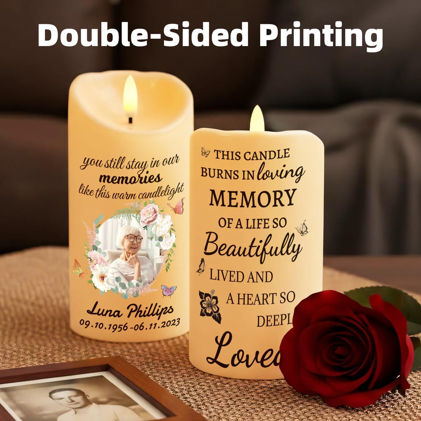 Personalized Memorial Candles for Loss of Loved One, Custom Memorial Flamless LED Candle with Photo Name, Sympathy Gifts for Loss of Mom Dad Deceased