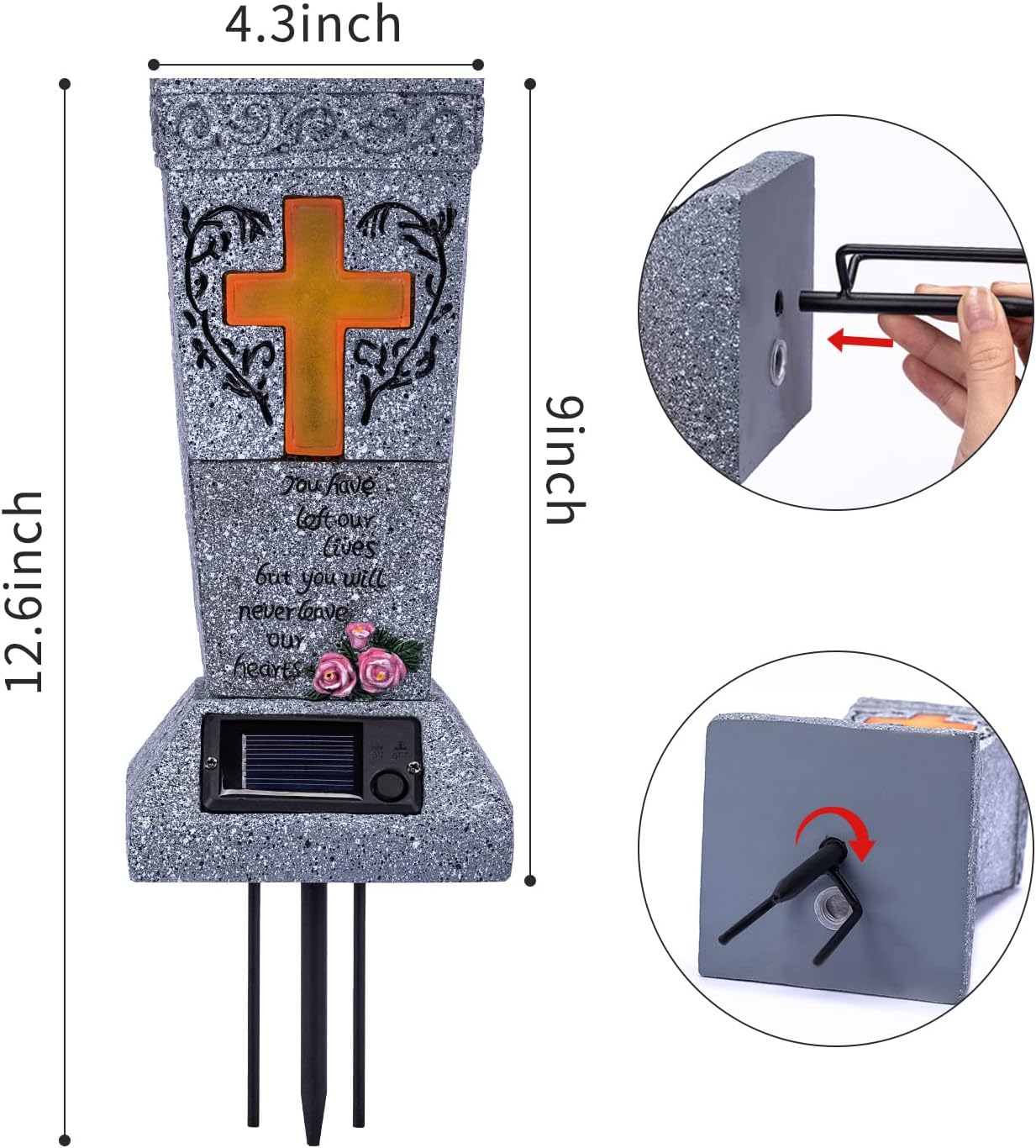 Solar Cemetery Grave Vase with LED for Fresh/Artificial Flowers Headstones Vases with Spikes Gravestone Decor Memorial Gifts for Loss of Loved One