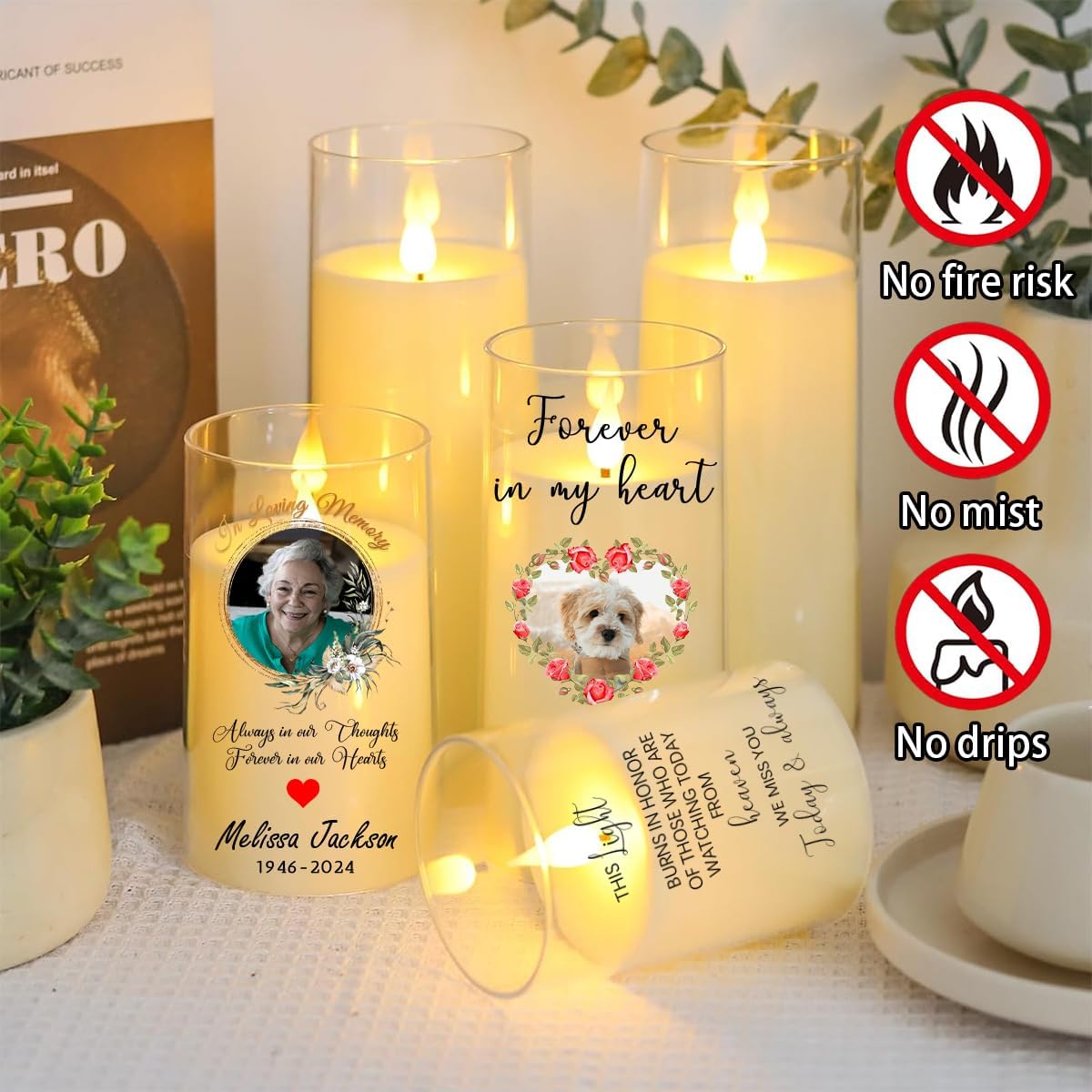 Personalised Photo Memorial Candle, Flameless RIP Candles with Custom Picture Name Date, Battery Operated LED Pillar Candles, In Memory of Loved One Sympathy Remembrance Gift Funeral LED Tea Lights