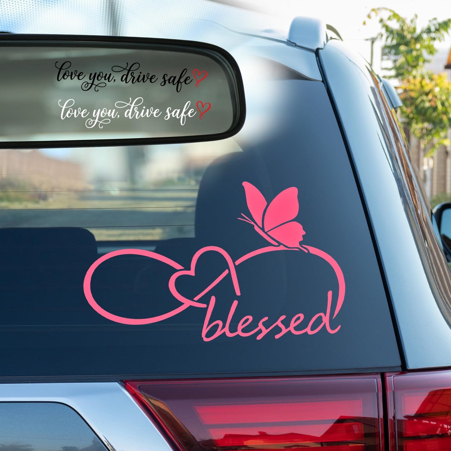 3PCS Car Stickers, Cute Car Accessories,Infinity Heart Love You Drive Safe Rearview Mirror Decals,Waterproof Vinyl Exterior Decoration for New Driver Gift,Women & Family (Pink)