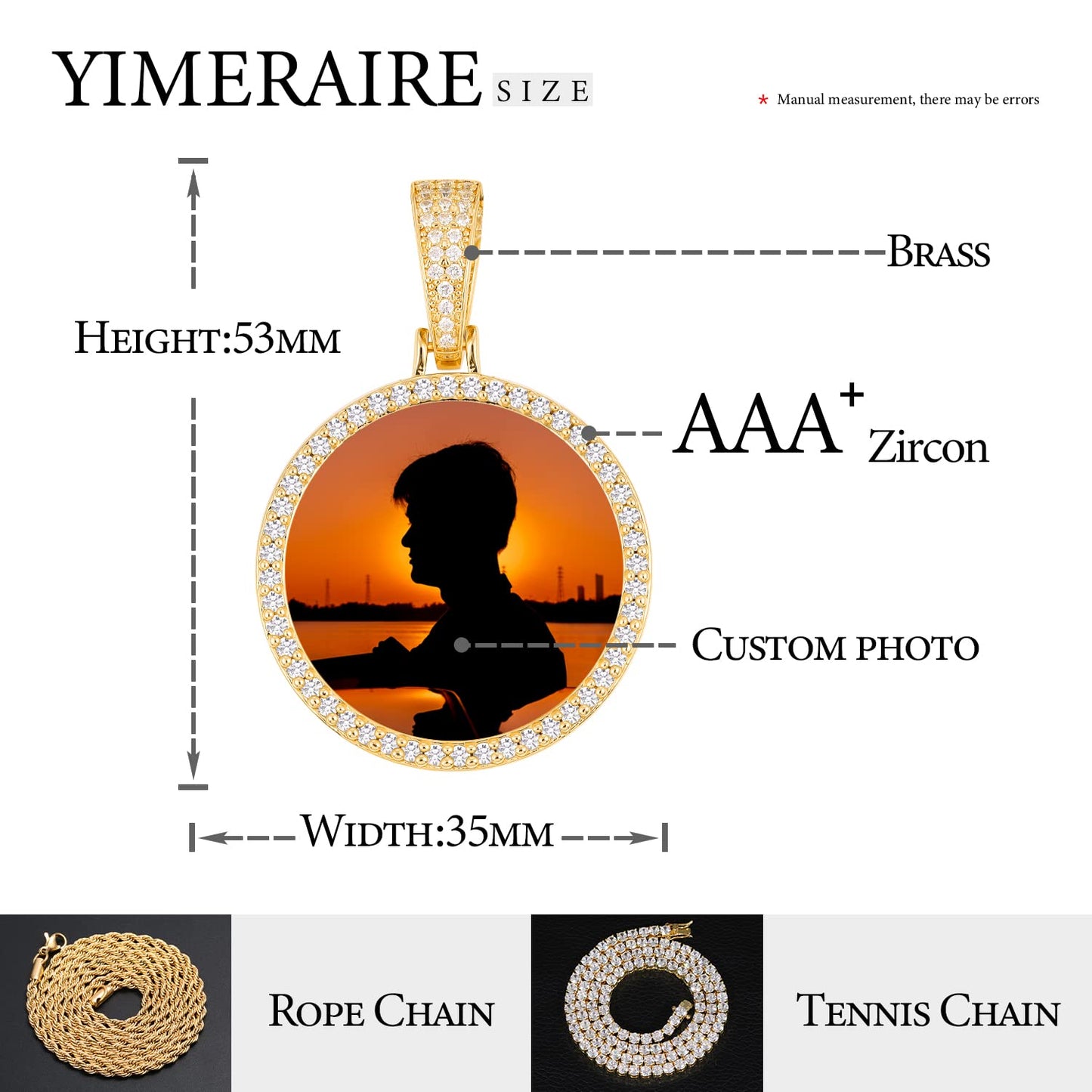 YIMERAIRE Personalized Picture Pendant Necklace Blank Picture Pendant Charm Iced Out Round Angel Wings Pendant with Rope Chain for Women and Men