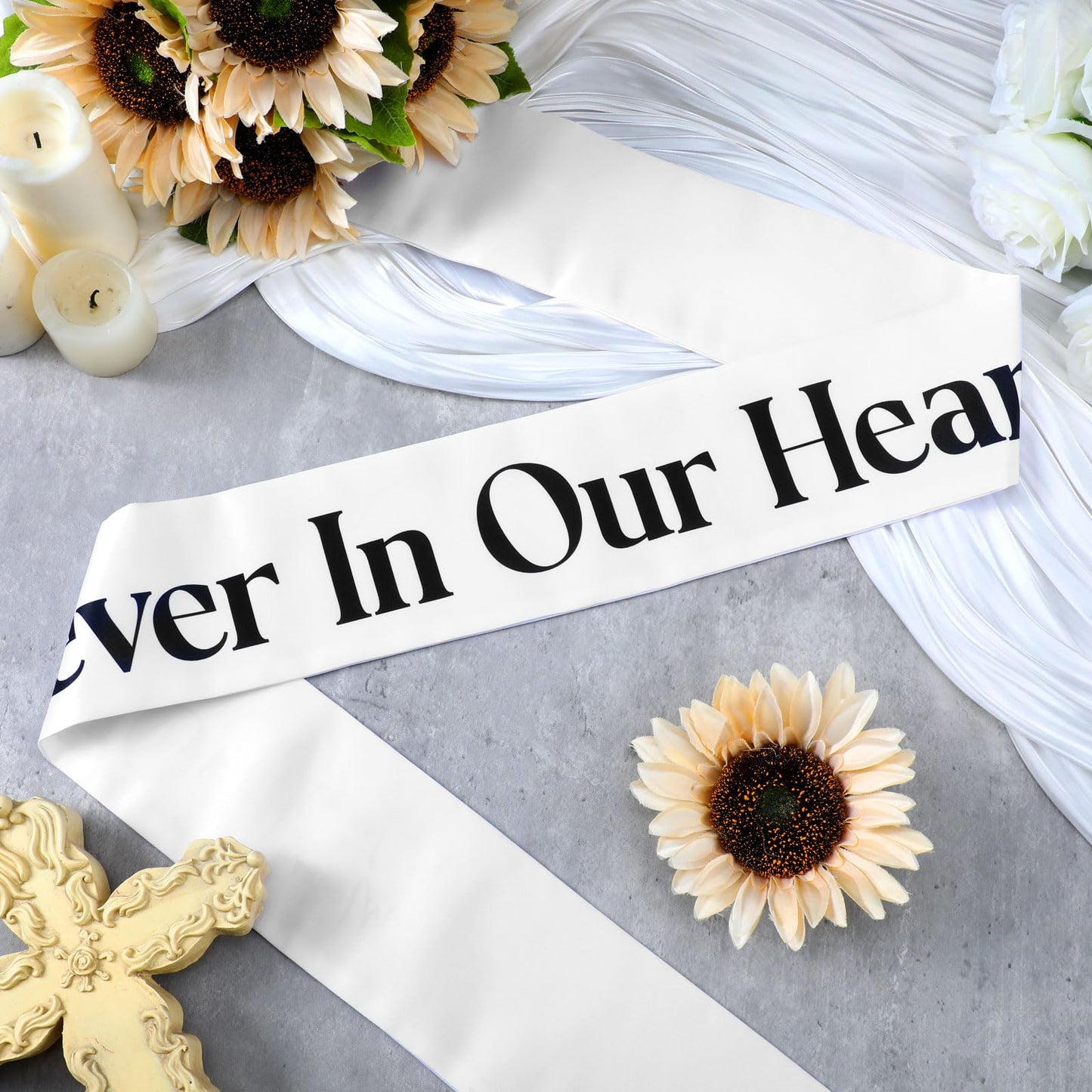 Funeral Sash Memorial Wreath Sash Funeral Ribbon Celebration of Life Ribbon for Casket or Wreath Flowers Memorial Service Honor The Loved Ones Memory 58x4''(White,Forever in Our Hearts)