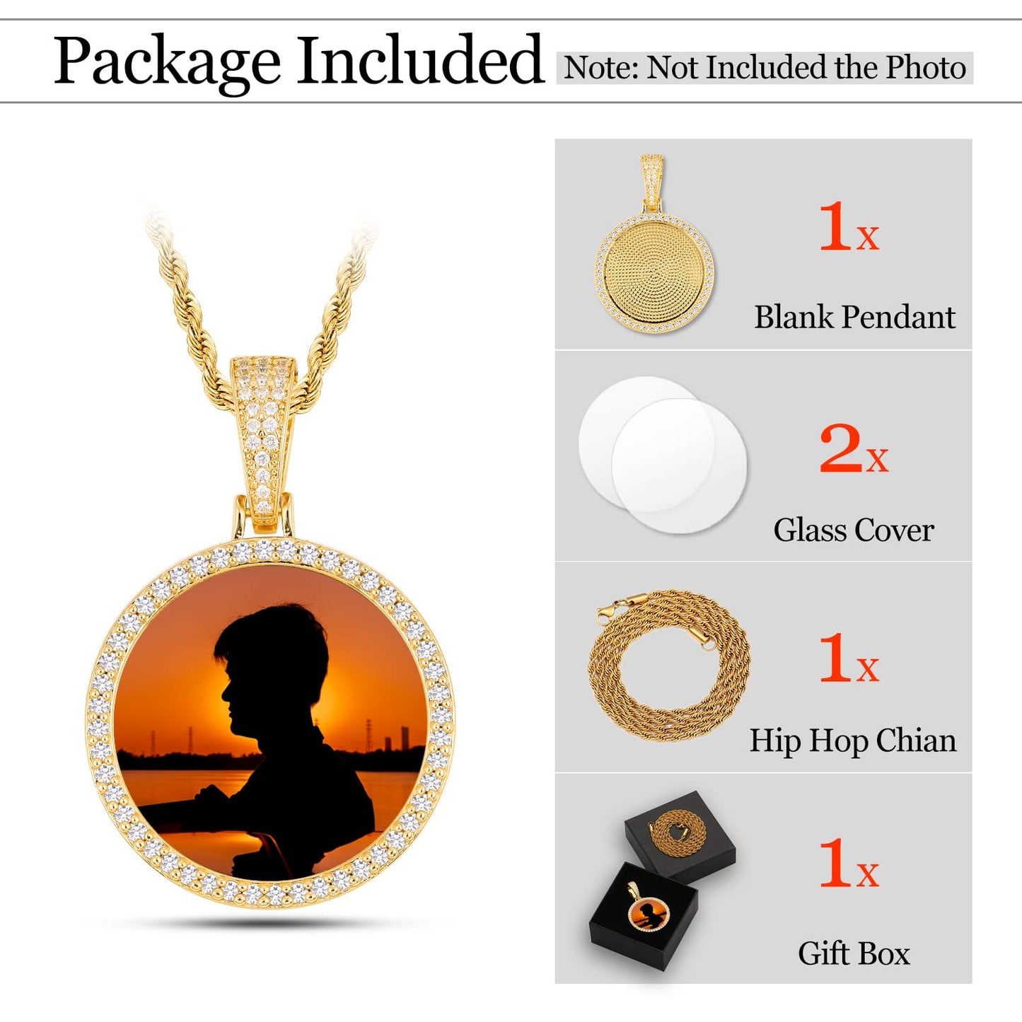 YIMERAIRE Personalized Picture Pendant Necklace Blank Picture Pendant Charm Iced Out Round Angel Wings Pendant with Rope Chain for Women and Men