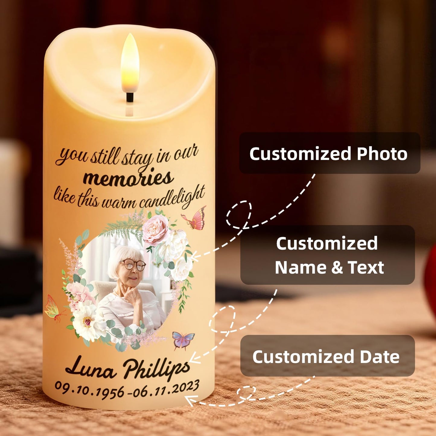 Personalized Memorial Candles for Loss of Loved One, Custom Memorial Flamless LED Candle with Photo Name, Sympathy Gifts for Loss of Mom Dad Deceased