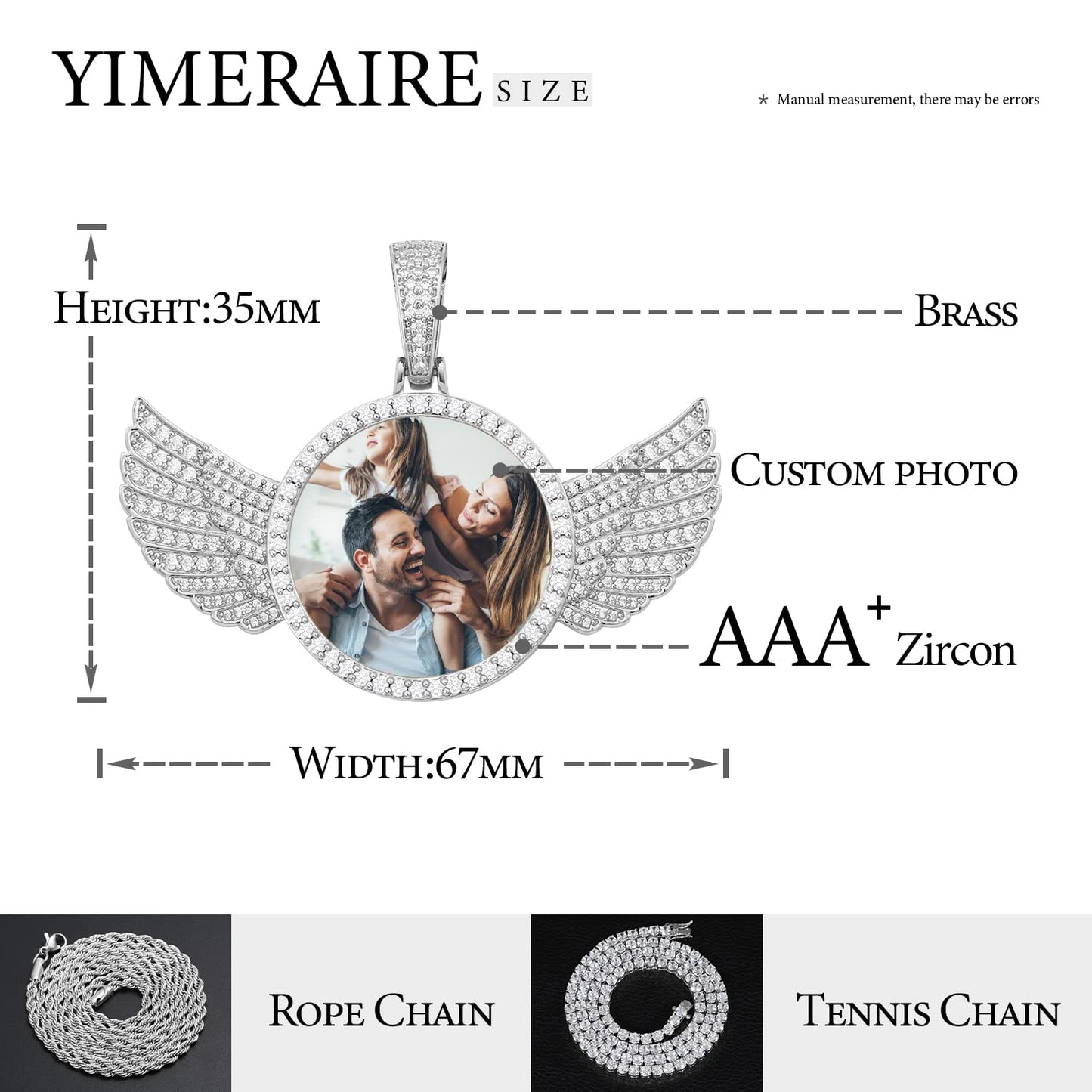 YIMERAIRE Personalized Picture Pendant Necklace Blank Picture Pendant Charm Iced Out Round Angel Wings Pendant with Rope Chain for Women and Men