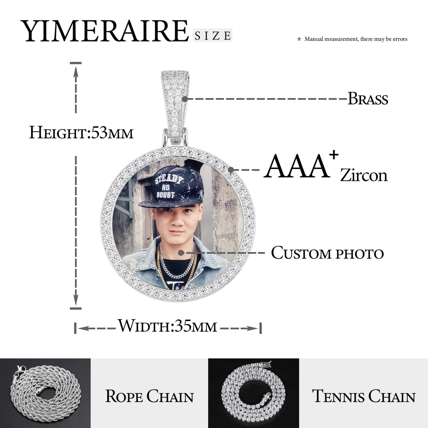 YIMERAIRE Personalized Picture Pendant Necklace Blank Picture Pendant Charm Iced Out Round Angel Wings Pendant with Rope Chain for Women and Men