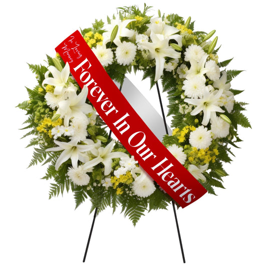 Funeral Sash Memorial Wreath Sash Funeral Ribbon Celebration of Life Ribbon for Casket or Wreath Flowers Memorial Service Honor The Loved Ones Memory 58x4''(White,Forever in Our Hearts)