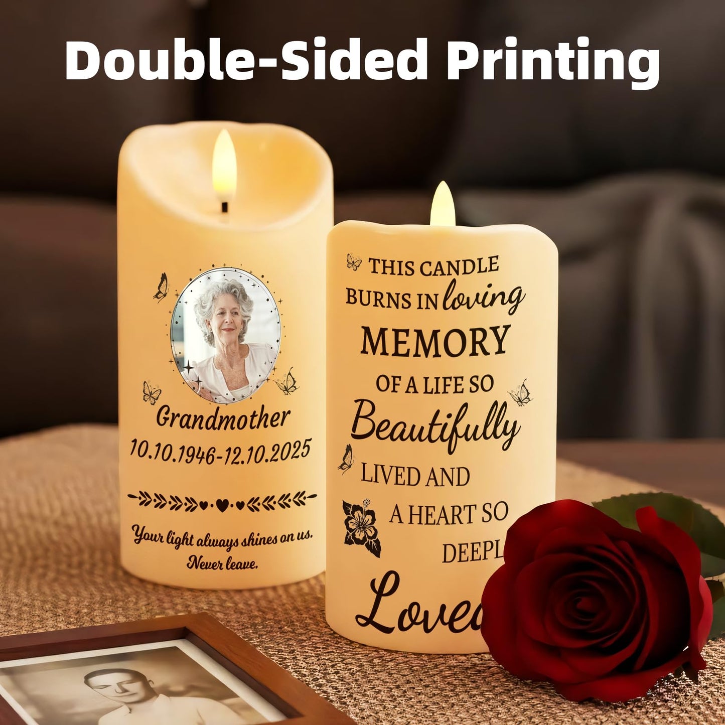 Personalized Memorial Candles for Loss of Loved One, Custom Memorial Flamless LED Candle with Photo Name, Sympathy Gifts for Loss of Mom Dad Deceased