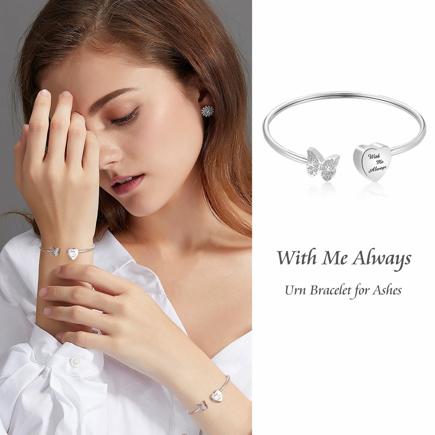 XIUDA Urn Bracelet for Human Ashes Butterfly Heart Ash Bracelet for Women Stainless Steel Openable Cuff Bangle Cremation Bracelet - Always in My Heart