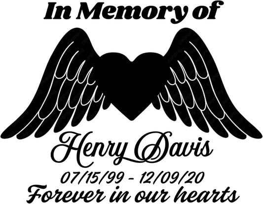 Custom Memorial | in Memory of Car Decal | Heart with Angel Wings Design | Vinyl Sticker | Available in 5 Colors