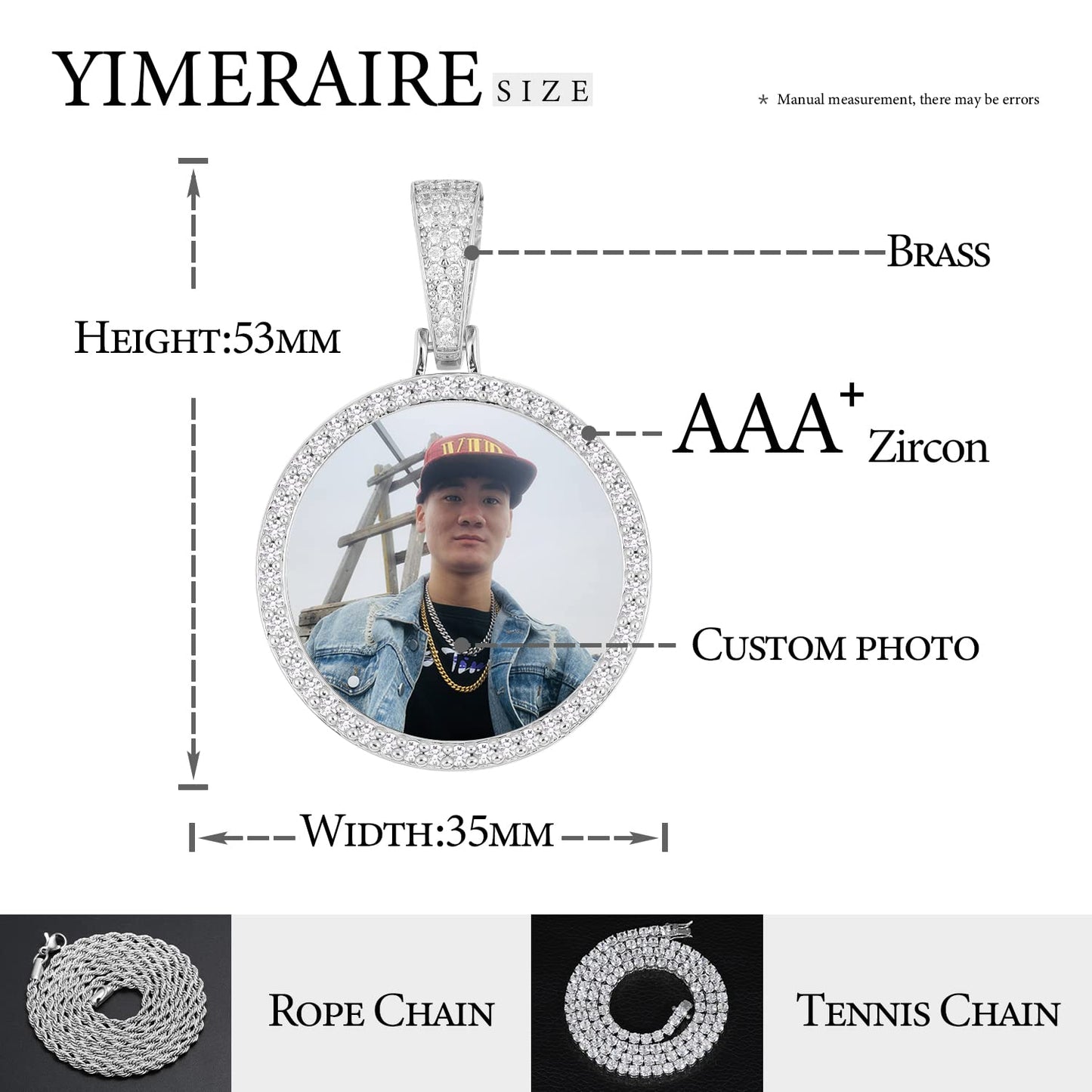 YIMERAIRE Personalized Picture Pendant Necklace Blank Picture Pendant Charm Iced Out Round Angel Wings Pendant with Rope Chain for Women and Men