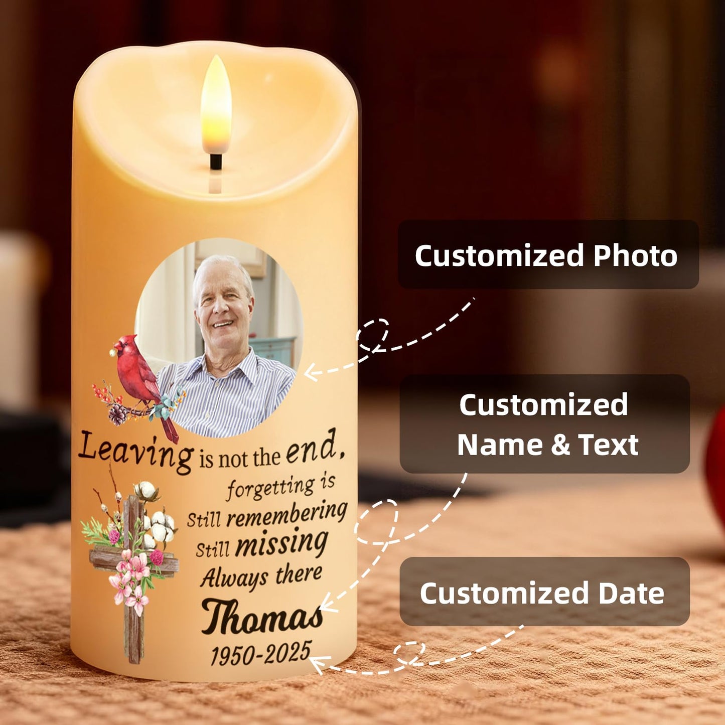 Personalized Memorial Candles for Loss of Loved One, Custom Memorial Flamless LED Candle with Photo Name, Sympathy Gifts for Loss of Mom Dad Deceased