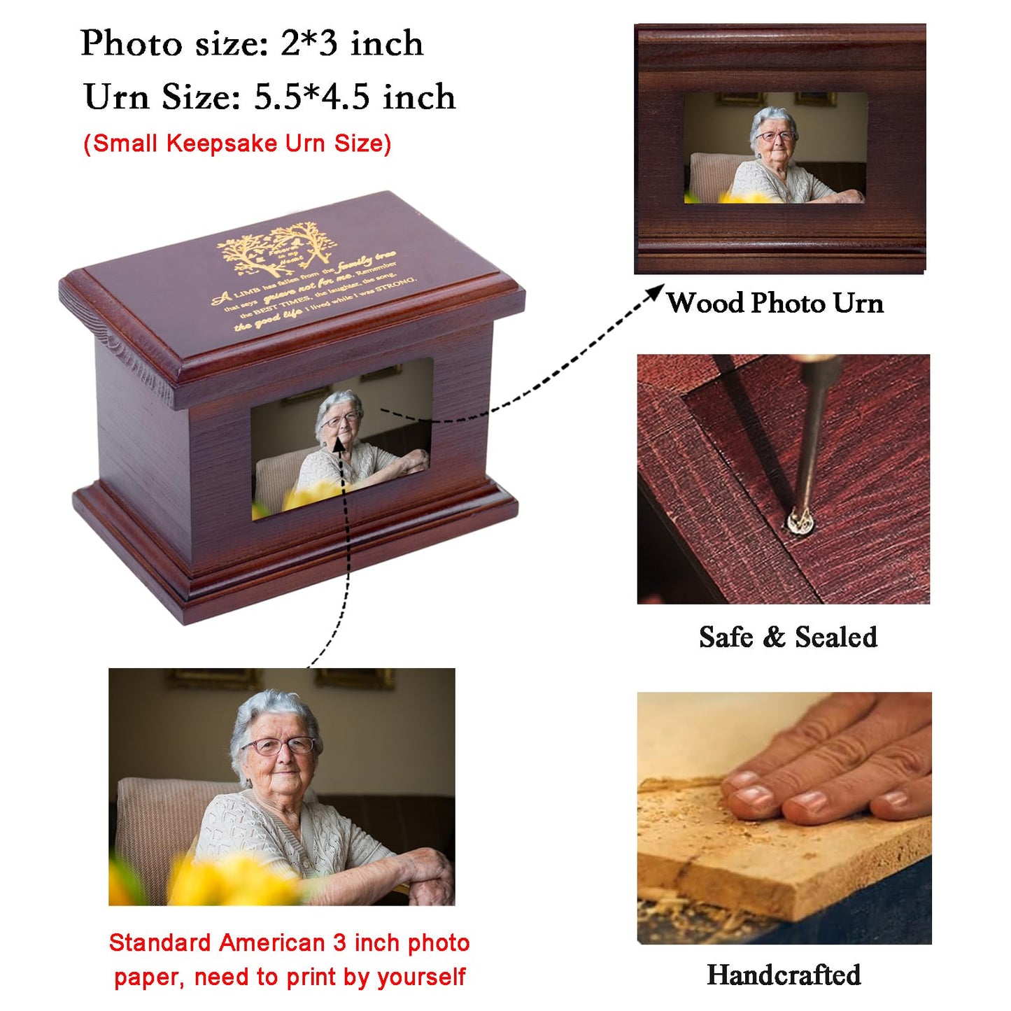 5.5 Inch Small Wooden Memorial Urn with Photo Frame, Keepsake Urn Box for Human/Pet Ashes - Wing