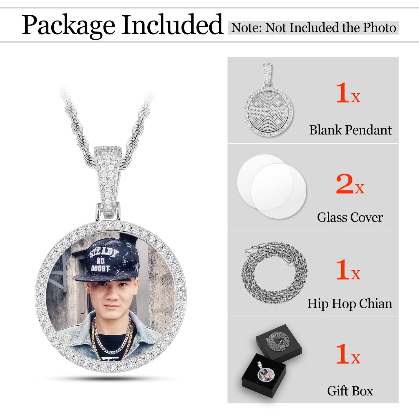 YIMERAIRE Personalized Picture Pendant Necklace Blank Picture Pendant Charm Iced Out Round Angel Wings Pendant with Rope Chain for Women and Men