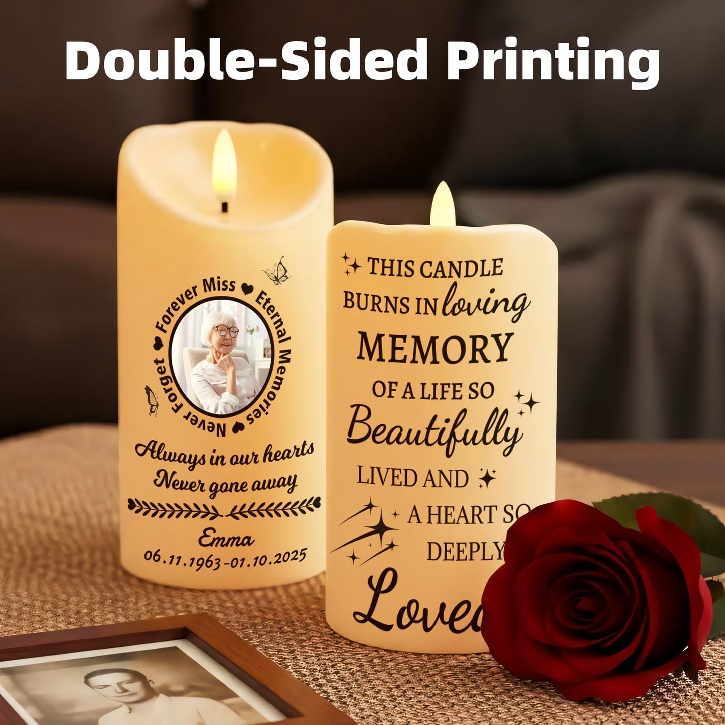 Personalized Memorial Candles for Loss of Loved One, Custom Memorial Flamless LED Candle with Photo Name, Sympathy Gifts for Loss of Mom Dad Deceased