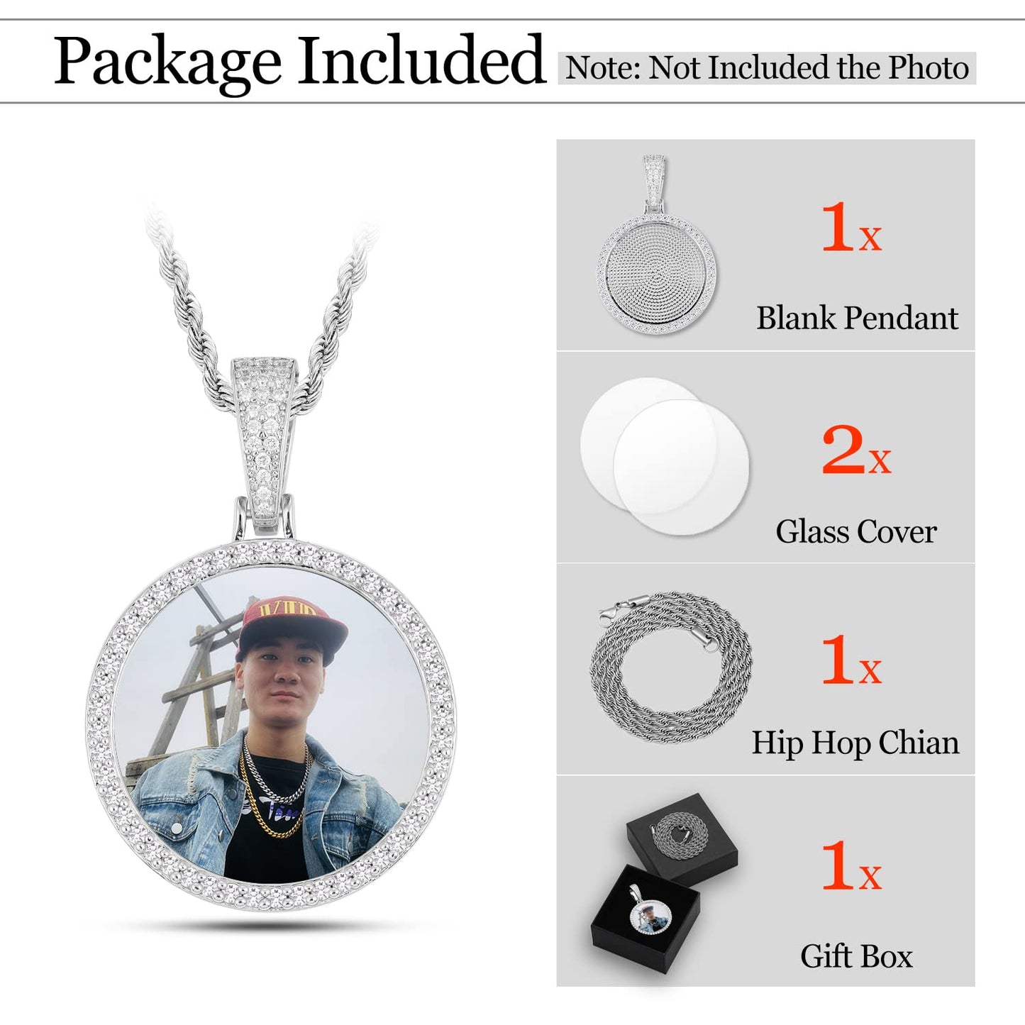 YIMERAIRE Personalized Picture Pendant Necklace Blank Picture Pendant Charm Iced Out Round Angel Wings Pendant with Rope Chain for Women and Men