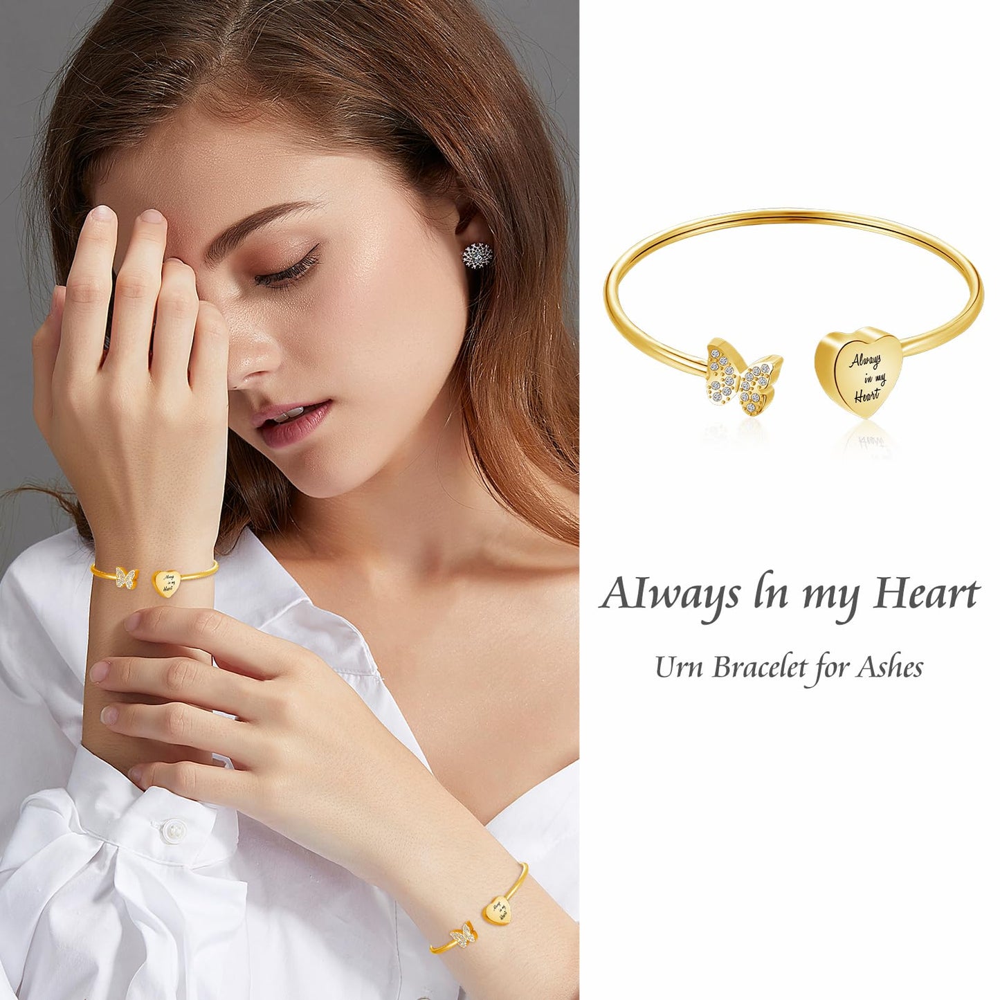 XIUDA Urn Bracelet for Human Ashes Butterfly Heart Ash Bracelet for Women Stainless Steel Openable Cuff Bangle Cremation Bracelet - Always in My Heart