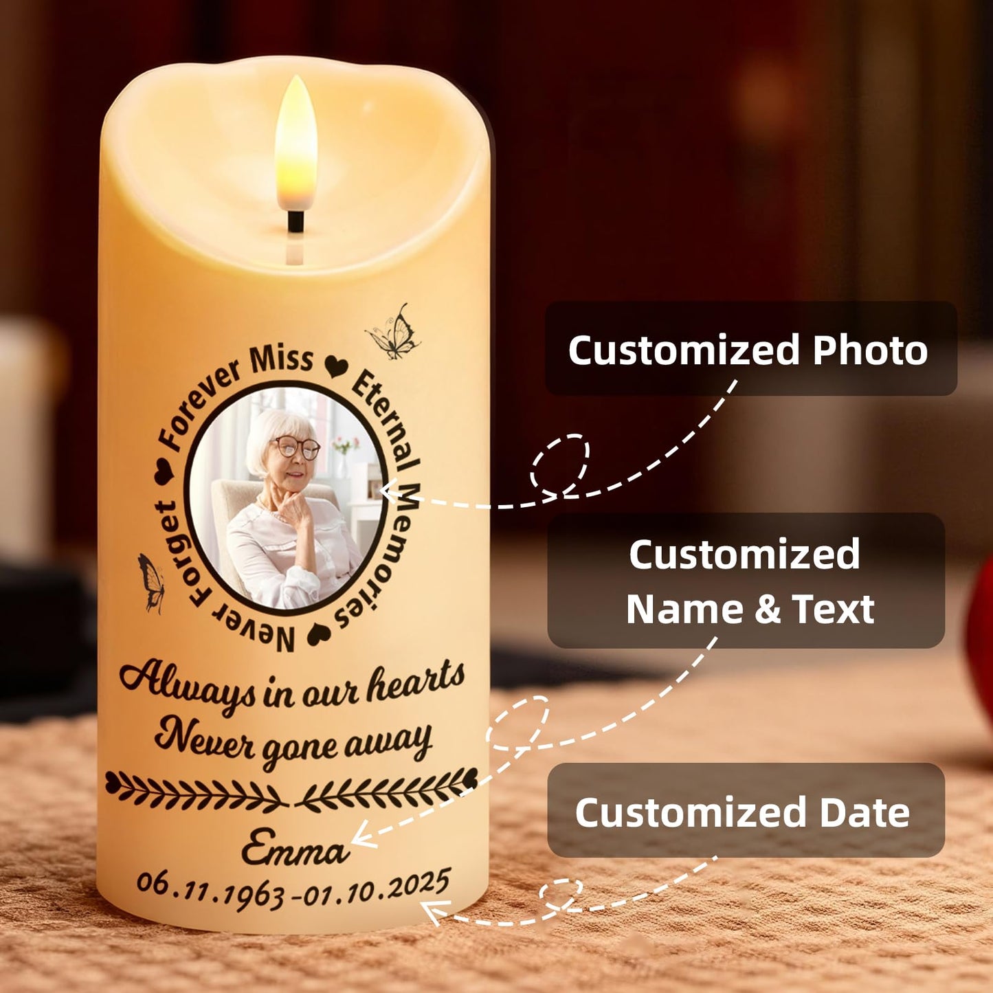 Personalized Memorial Candles for Loss of Loved One, Custom Memorial Flamless LED Candle with Photo Name, Sympathy Gifts for Loss of Mom Dad Deceased