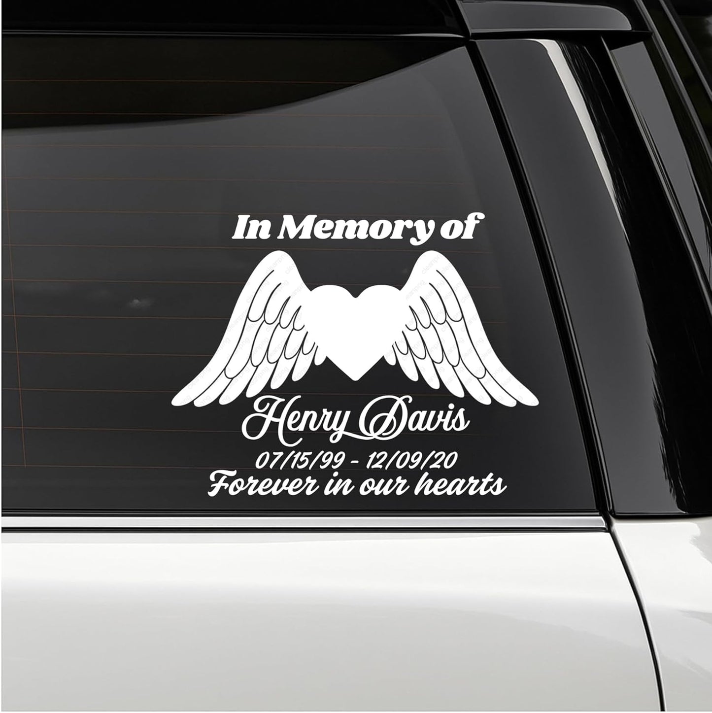 Custom Memorial | in Memory of Car Decal | Heart with Angel Wings Design | Vinyl Sticker | Available in 5 Colors