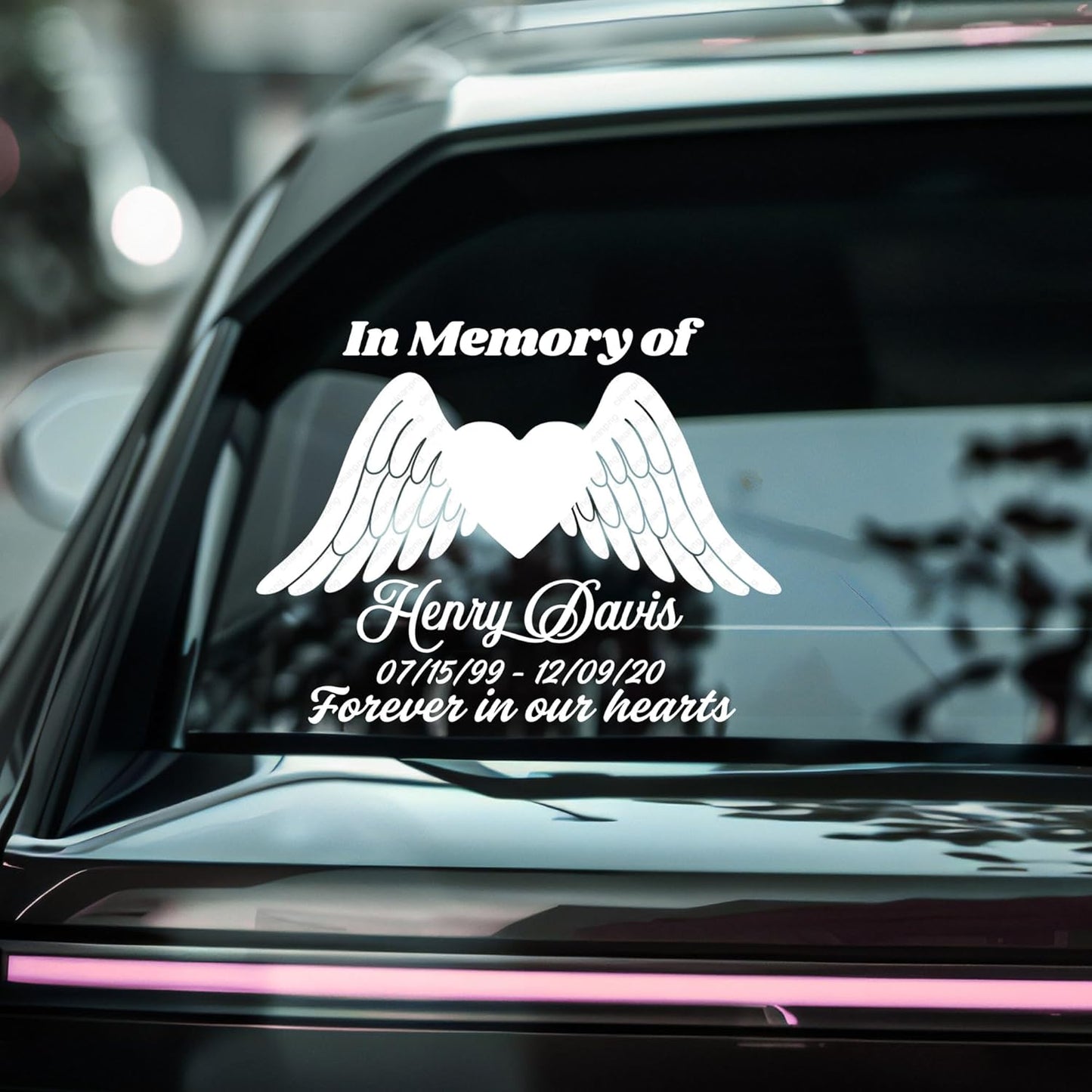 Custom Memorial | in Memory of Car Decal | Heart with Angel Wings Design | Vinyl Sticker | Available in 5 Colors
