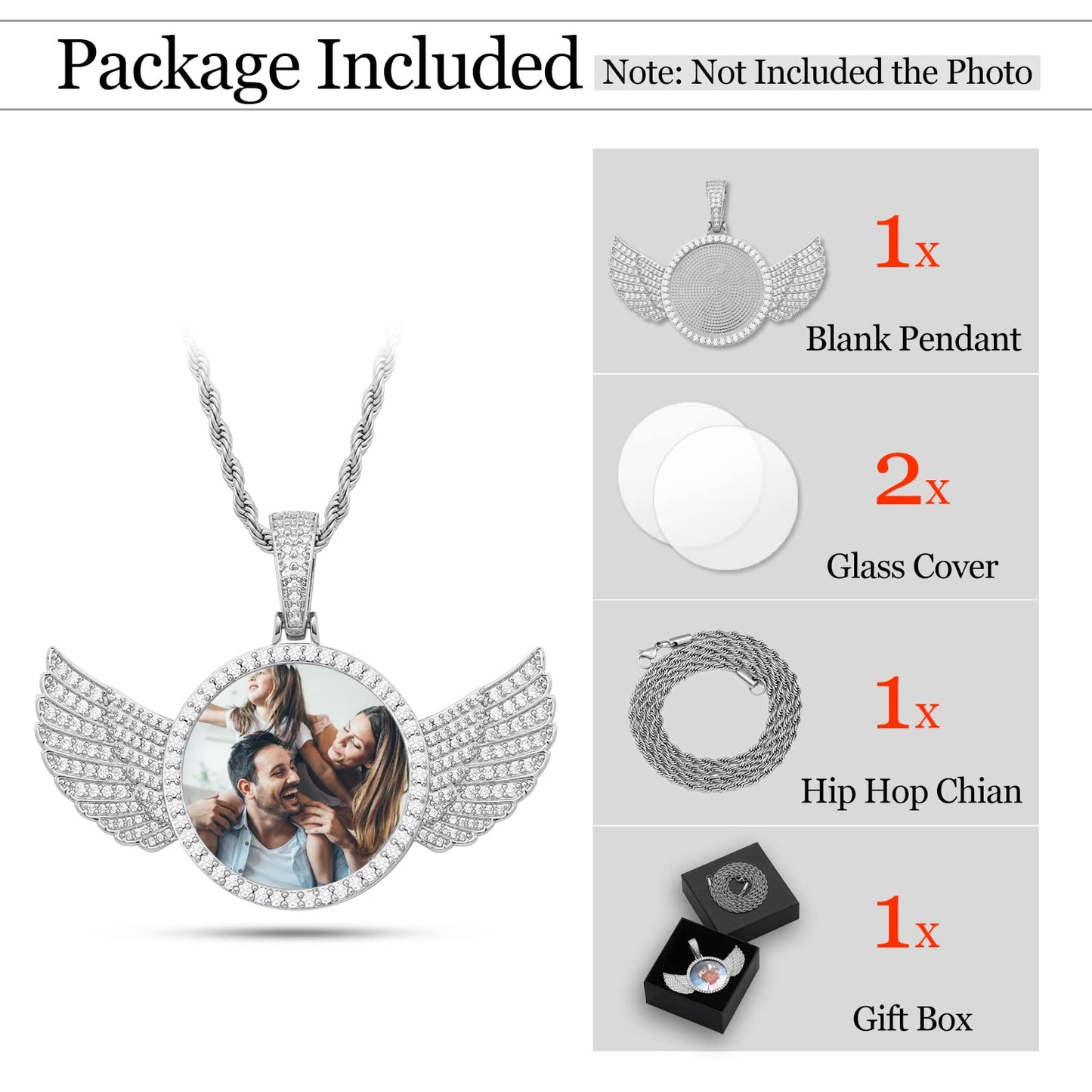 YIMERAIRE Personalized Picture Pendant Necklace Blank Picture Pendant Charm Iced Out Round Angel Wings Pendant with Rope Chain for Women and Men