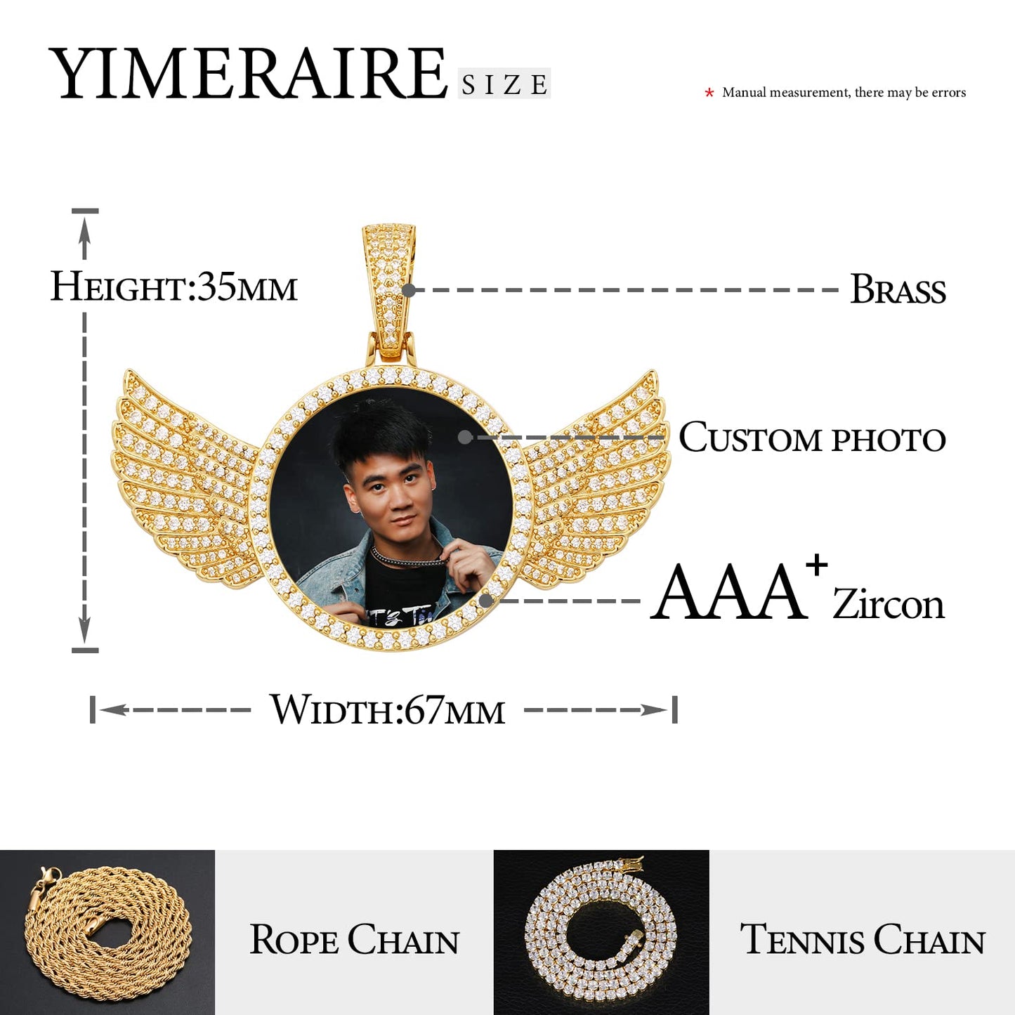 YIMERAIRE Personalized Picture Pendant Necklace Blank Picture Pendant Charm Iced Out Round Angel Wings Pendant with Rope Chain for Women and Men