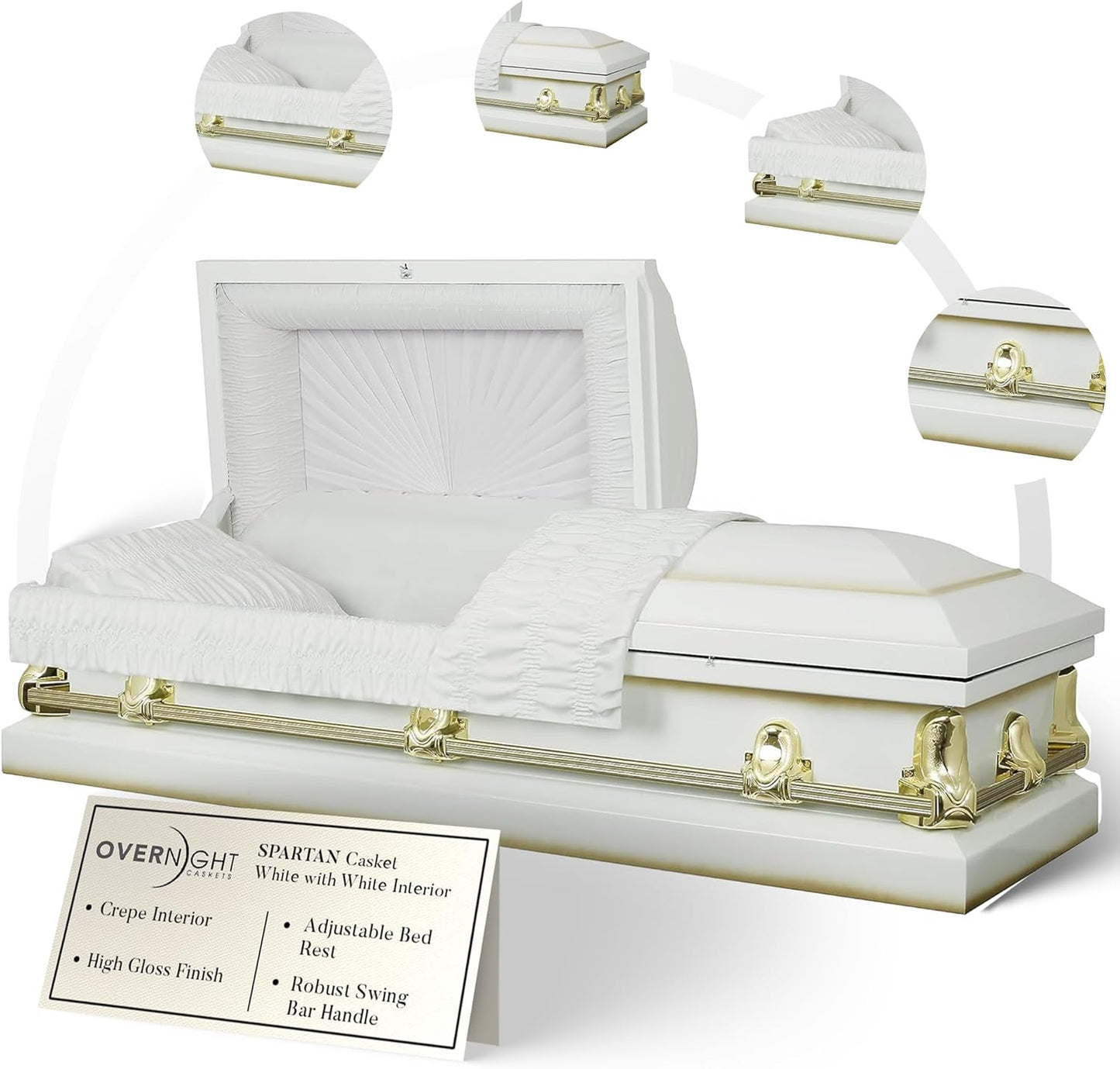 Overnight Caskets Spartan Collection Funeral Casket White with White Interior - 20 Gauge Steel - Fully Appointed Adult Casket - Coffin Featuring a Crepe Interior Lining with Pillow and Throw Set